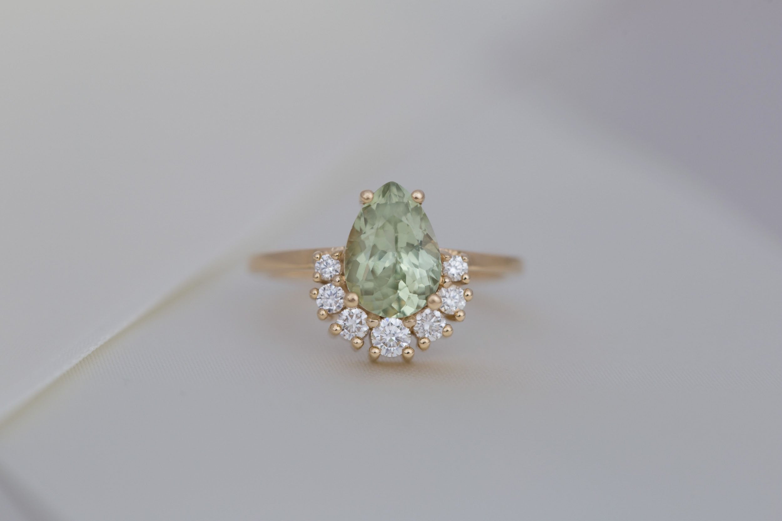 Laurel Ring | Green Pear Cut Sapphire + Diamond Cluster Engagement Ring 2.10 ct | 14k Recycled Gold