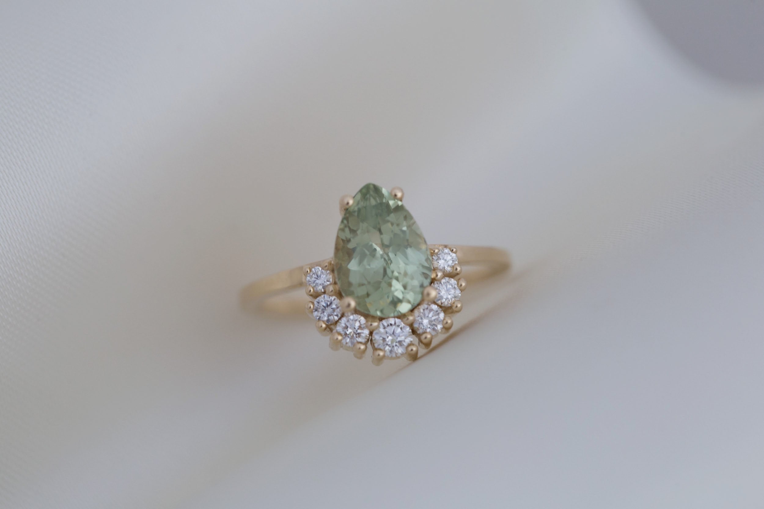 Laurel Ring | Green Pear Cut Sapphire + Diamond Cluster Engagement Ring 2.10 ct | 14k Recycled Gold