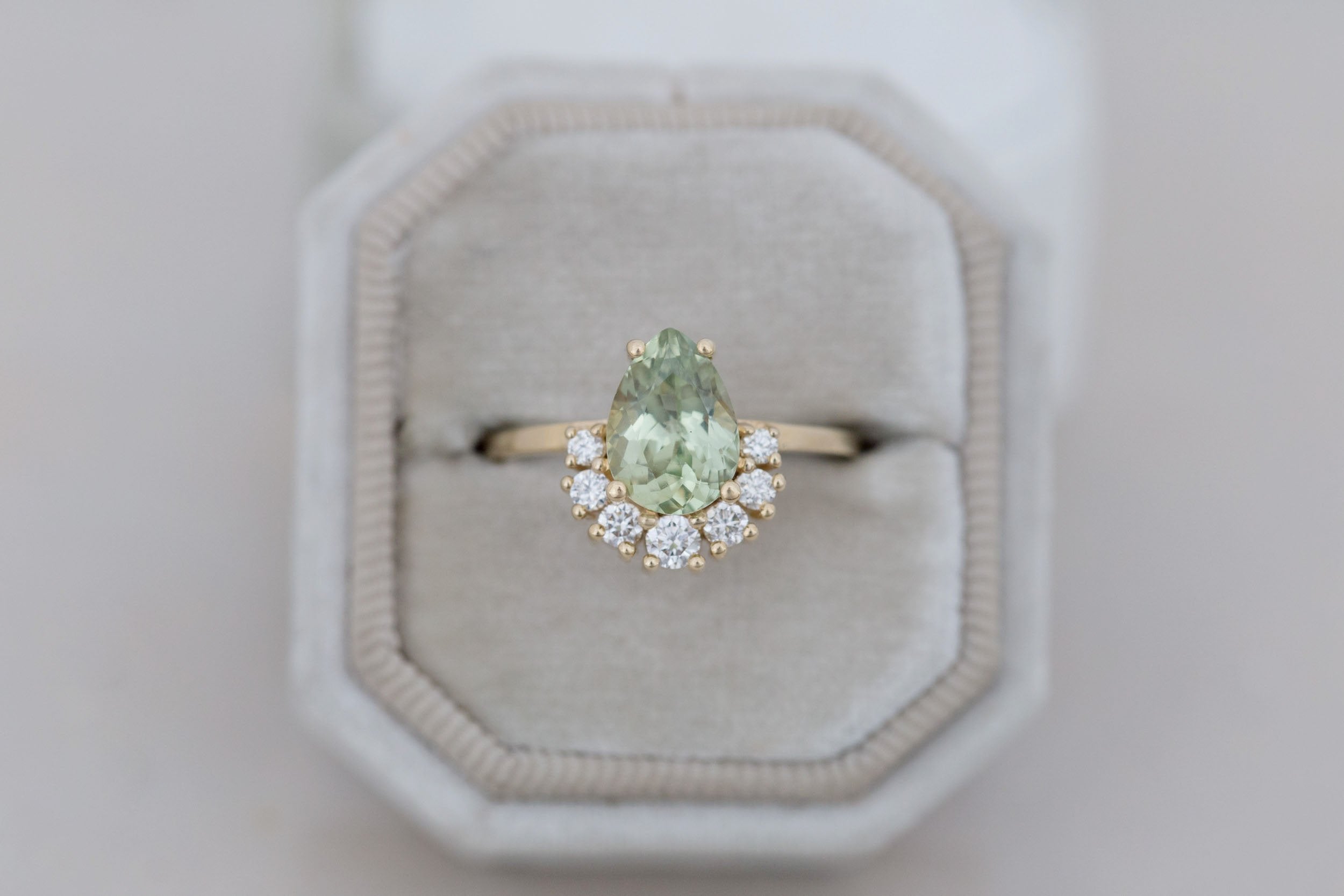 Laurel Ring | Green Pear Cut Sapphire + Diamond Cluster Engagement Ring 2.10 ct | 14k Recycled Gold