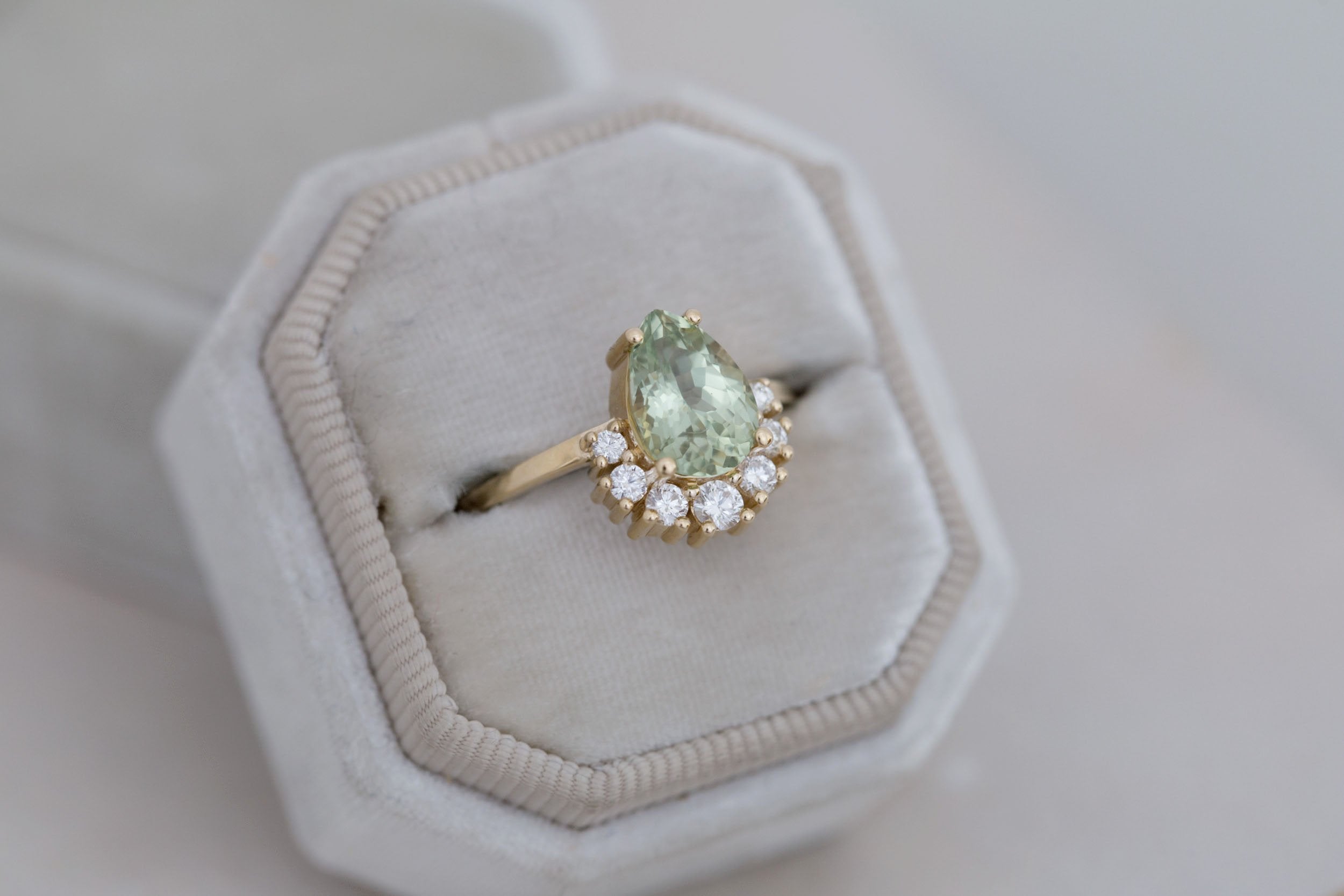 Laurel Ring | Green Pear Cut Sapphire + Diamond Cluster Engagement Ring 2.10 ct | 14k Recycled Gold