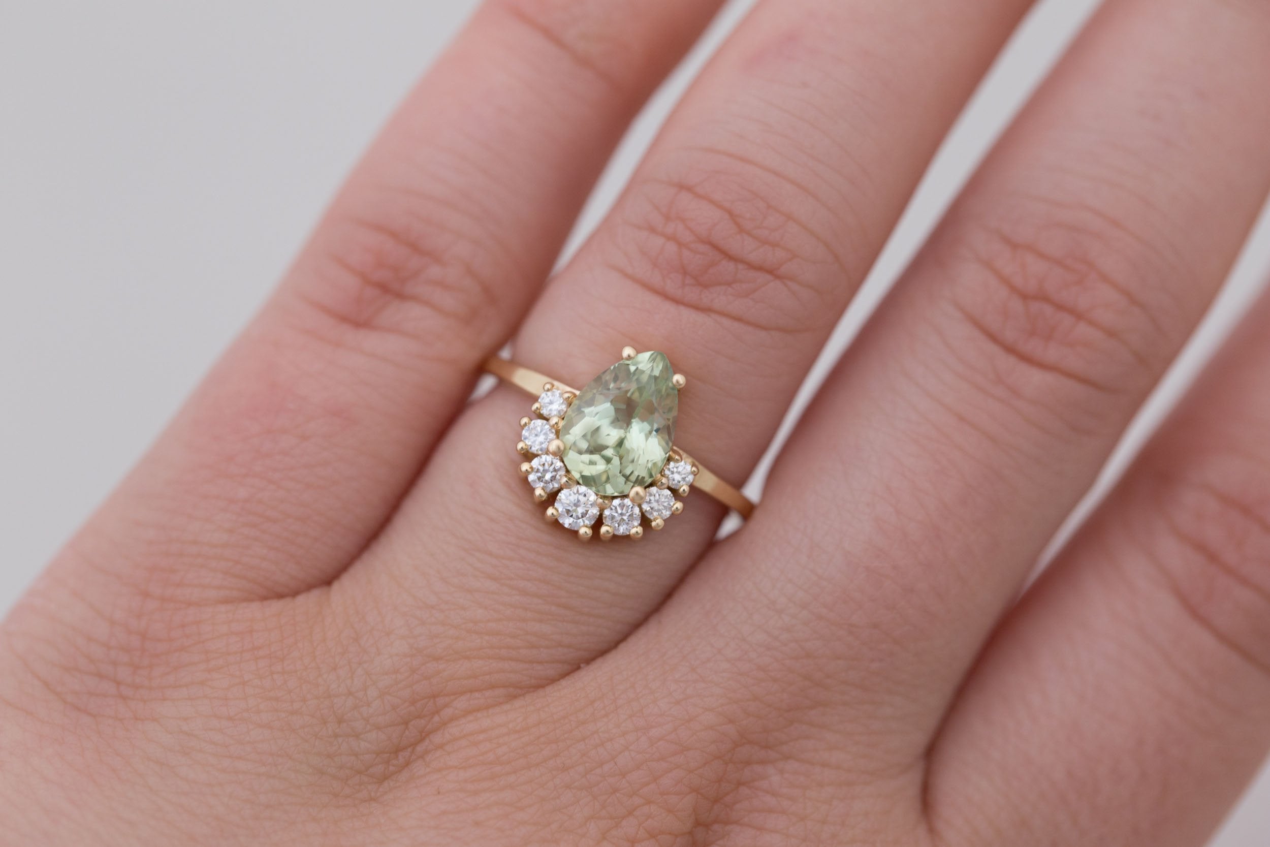 Laurel Ring | Green Pear Cut Sapphire + Diamond Cluster Engagement Ring 2.10 ct | 14k Recycled Gold