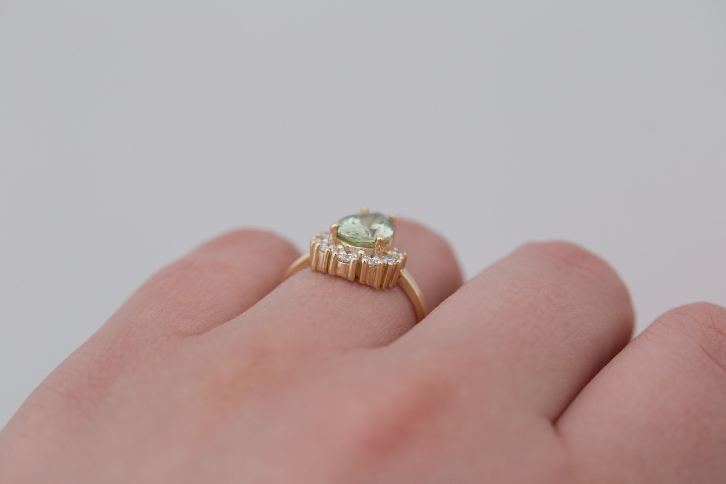 Laurel Ring | Green Pear Cut Sapphire + Diamond Cluster Engagement Ring 2.10 ct | 14k Recycled Gold