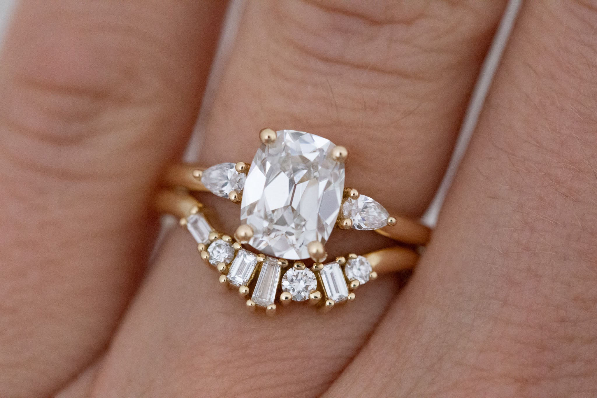 Iris Ring | Lab Antique Cut Cushion Diamond + Pear Diamond Accent Engagement Ring 2.1 ct | 14k Recycled Gold | One of a Kind