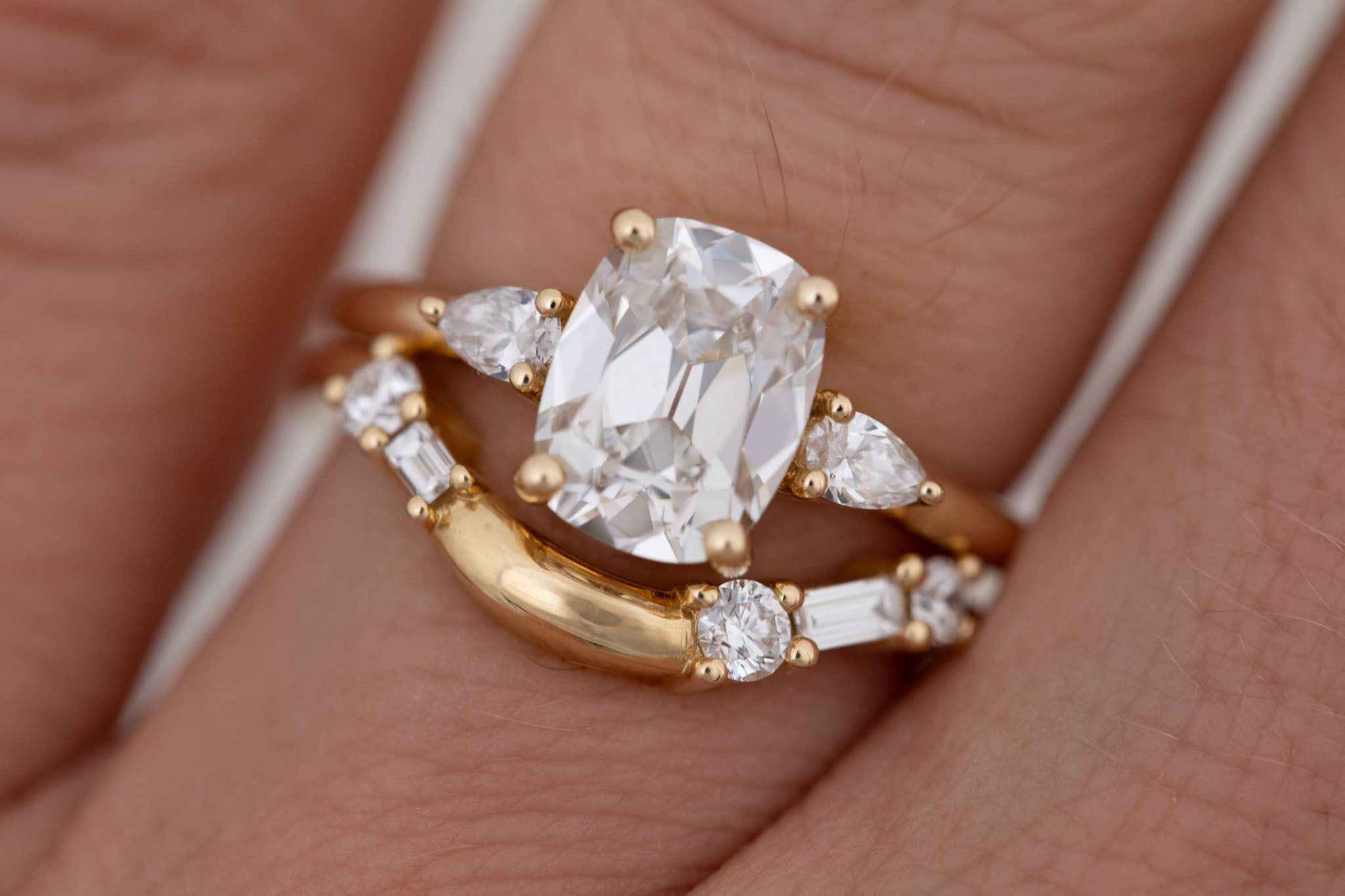 Iris Ring | Lab Antique Cut Cushion Diamond + Pear Diamond Accent Engagement Ring 2.1 ct | 14k Recycled Gold | One of a Kind