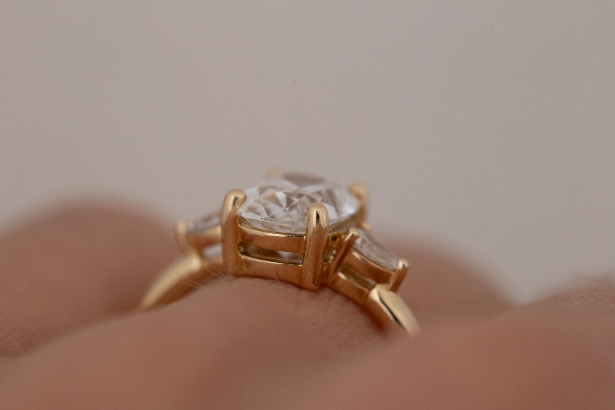 Iris Ring | Lab Antique Cut Cushion Diamond + Pear Diamond Accent Engagement Ring 2.1 ct | 14k Recycled Gold | One of a Kind