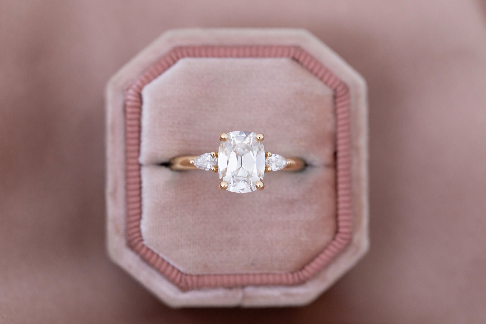 Iris Ring | Lab Antique Cut Cushion Diamond + Pear Diamond Accent Engagement Ring 2.1 ct | 14k Recycled Gold | One of a Kind