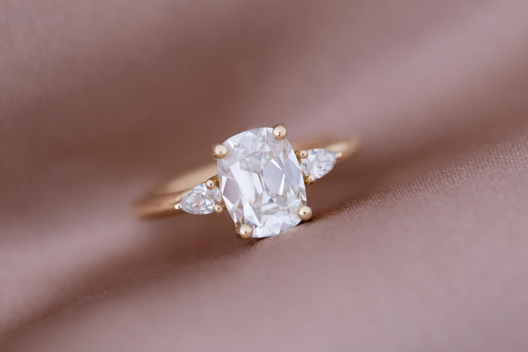 Iris Ring | Lab Antique Cut Cushion Diamond + Pear Diamond Accent Engagement Ring 2.1 ct | 14k Recycled Gold | One of a Kind