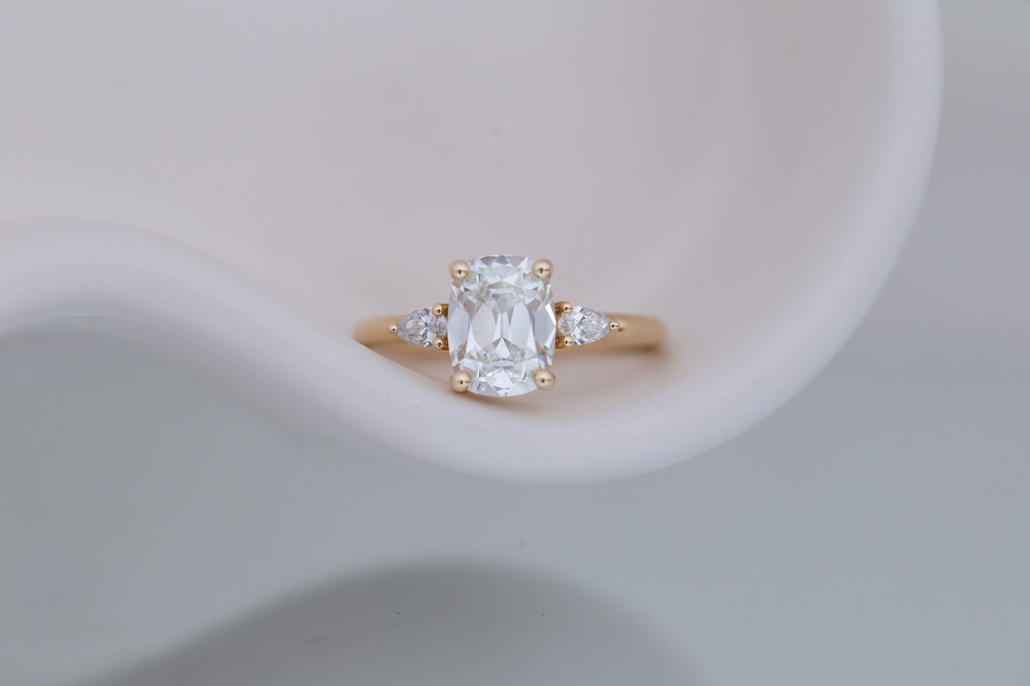 Iris Ring | Lab Antique Cut Cushion Diamond + Pear Diamond Accent Engagement Ring 2.1 ct | 14k Recycled Gold | One of a Kind