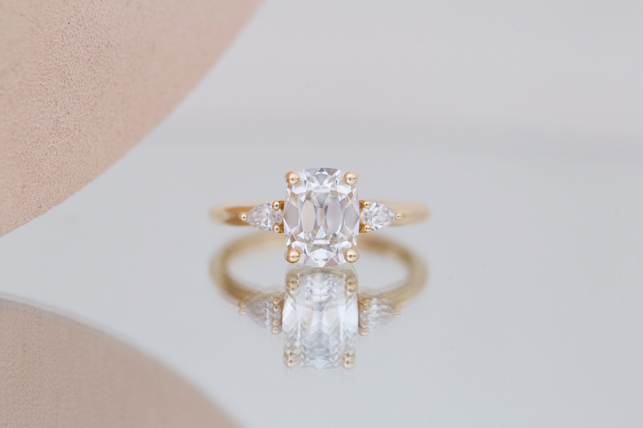 Iris Ring | Lab Antique Cut Cushion Diamond + Pear Diamond Accent Engagement Ring 2.1 ct | 14k Recycled Gold | One of a Kind