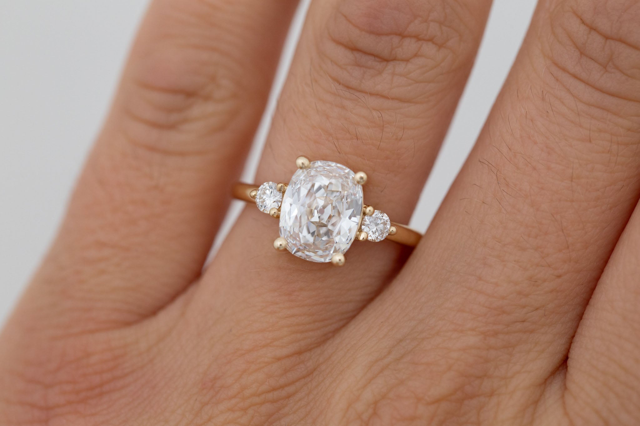 Maeve Ring | Lab Antique Cushion Cut Diamond + Round Lab Diamond Accent Engagement Ring 2.11 ct | 14k Recycled Gold | One of a Kind