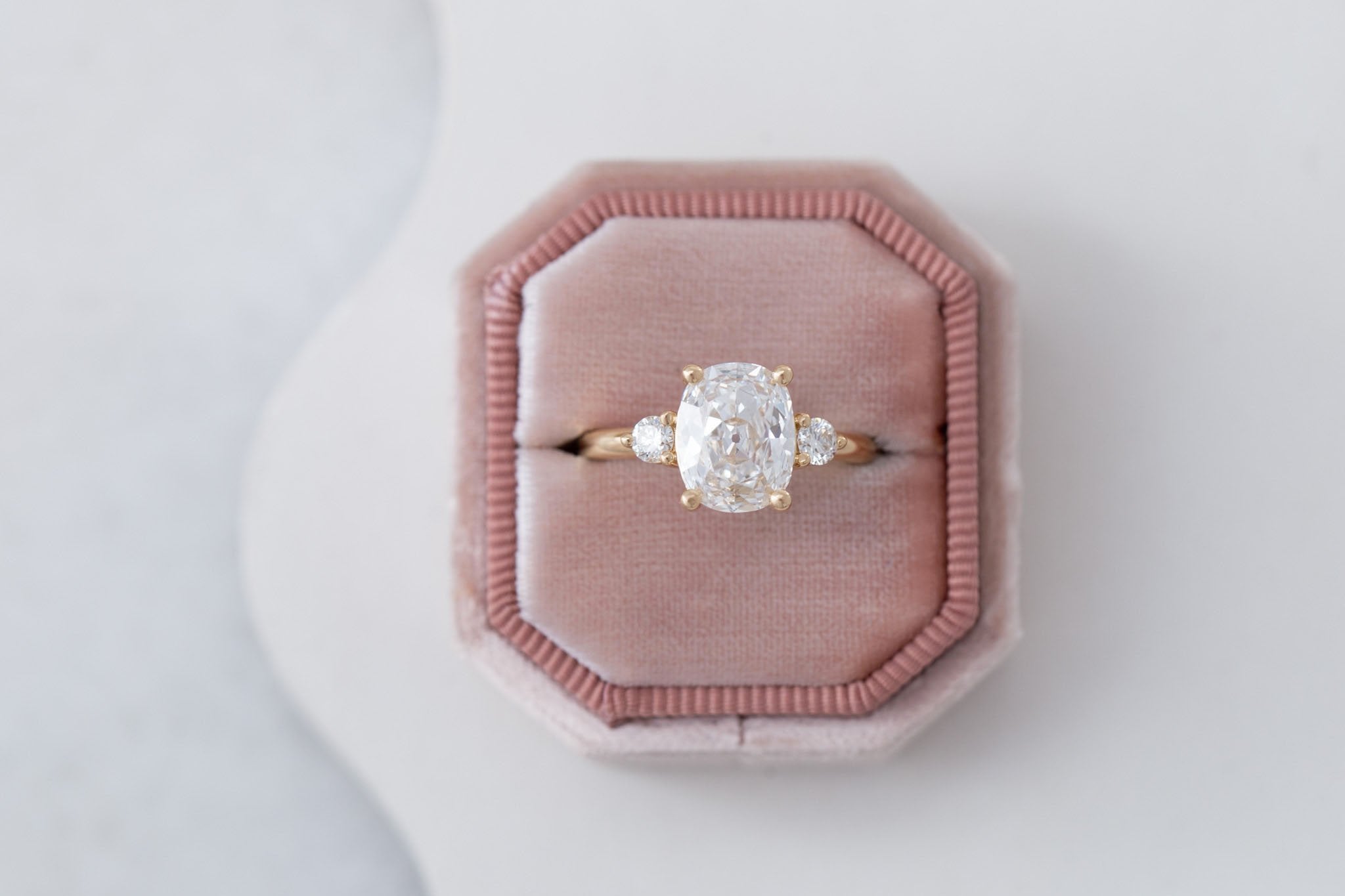 Maeve Ring | Lab Antique Cushion Cut Diamond + Round Lab Diamond Accent Engagement Ring 2.11 ct | 14k Recycled Gold | One of a Kind