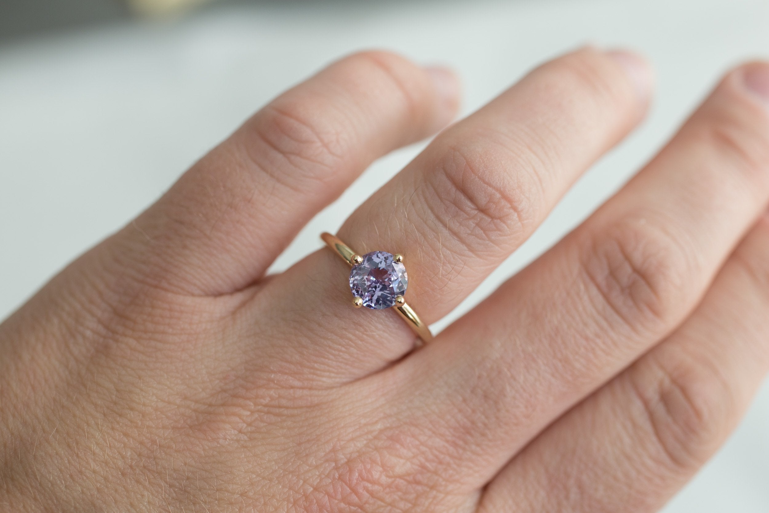 Leta Ring | Violet Round Sapphire Compass Set Solitaire Engagement Ring 2.11 ct | 14k Recycled Gold | One of a Kind