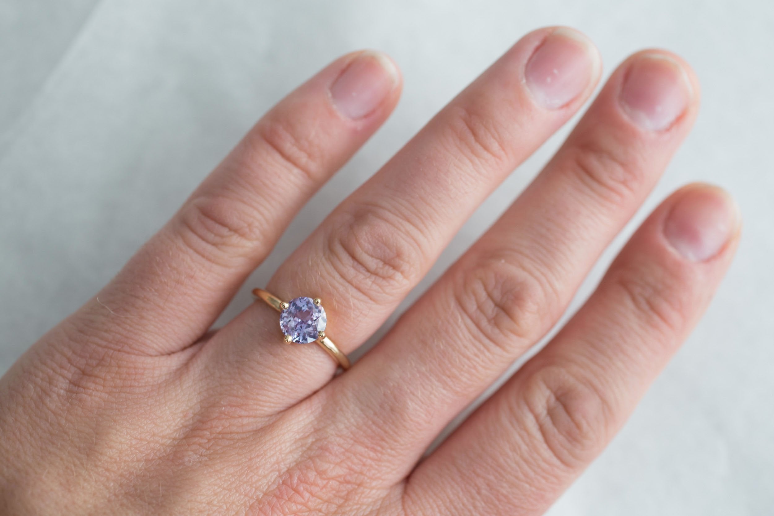 Leta Ring | Violet Round Sapphire Compass Set Solitaire Engagement Ring 2.11 ct | 14k Recycled Gold | One of a Kind