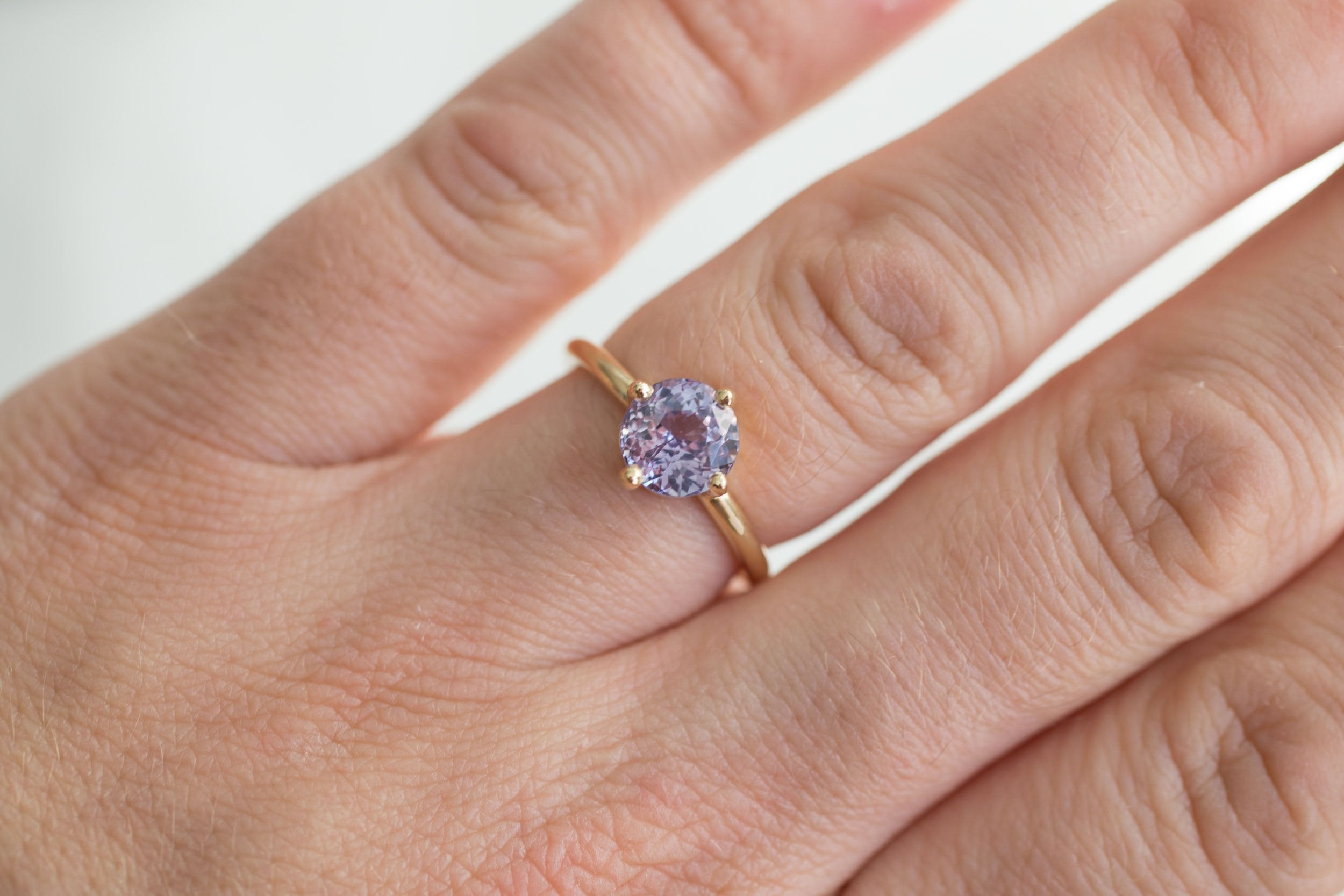 Leta Ring | Violet Round Sapphire Compass Set Solitaire Engagement Ring 2.11 ct | 14k Recycled Gold | One of a Kind