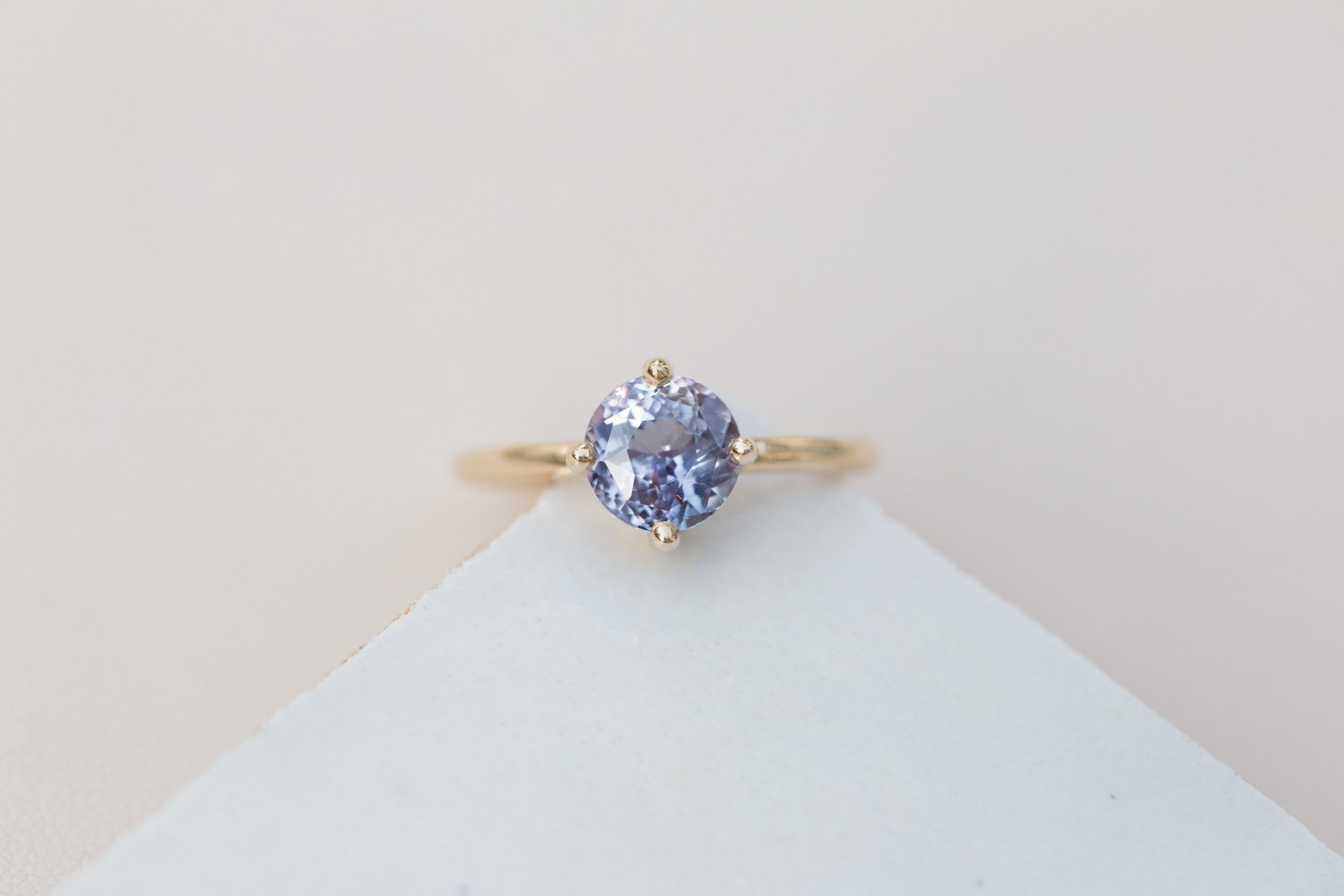 Leta Ring | Violet Round Sapphire Compass Set Solitaire Engagement Ring 2.11 ct | 14k Recycled Gold | One of a Kind