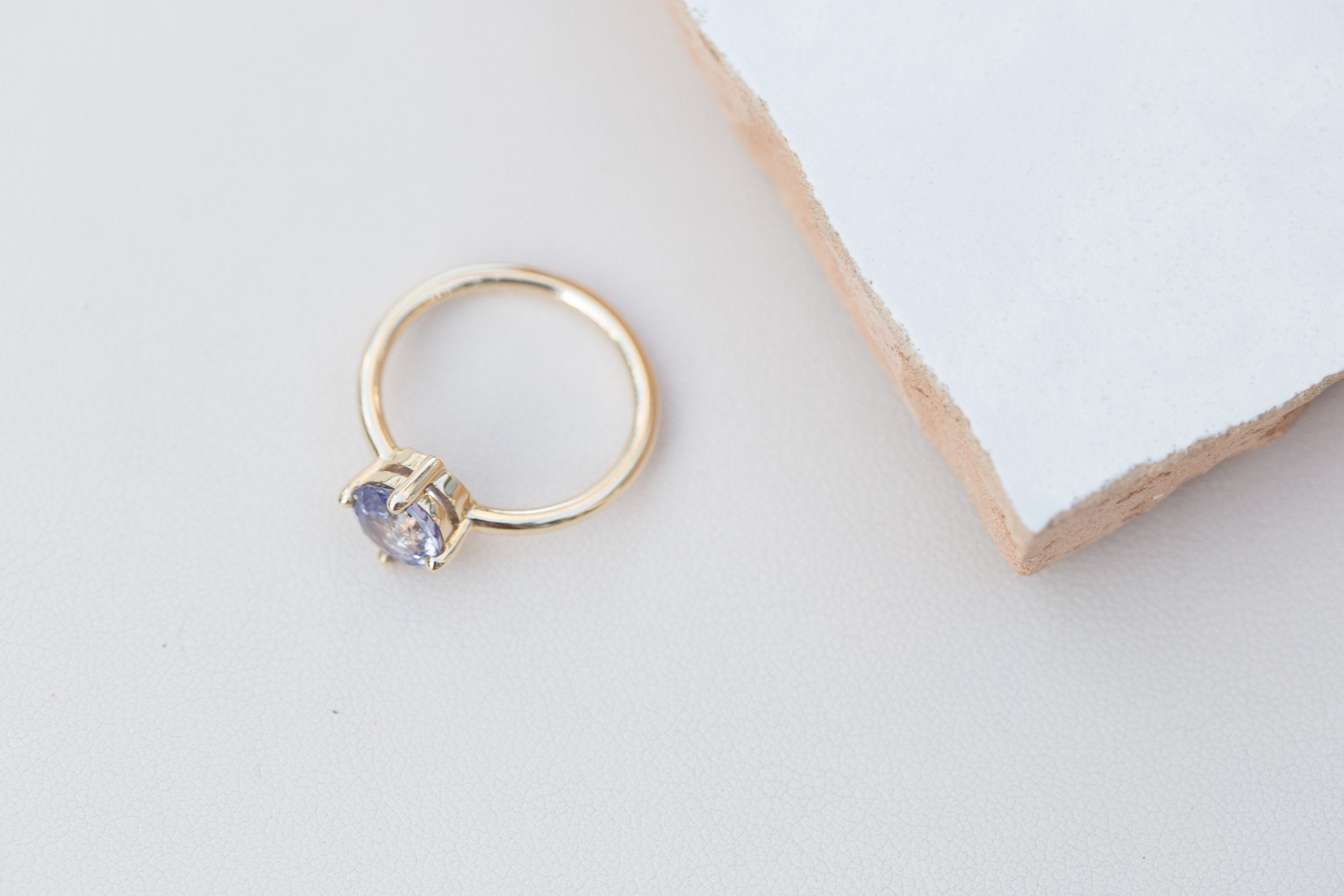 Leta Ring | Violet Round Sapphire Compass Set Solitaire Engagement Ring 2.11 ct | 14k Recycled Gold | One of a Kind