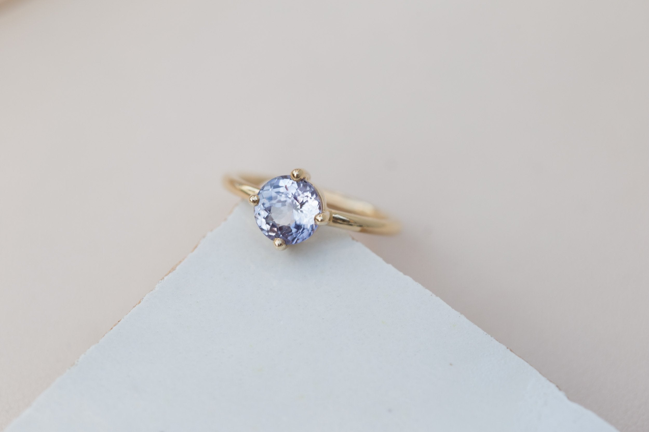 Leta Ring | Violet Round Sapphire Compass Set Solitaire Engagement Ring 2.11 ct | 14k Recycled Gold | One of a Kind