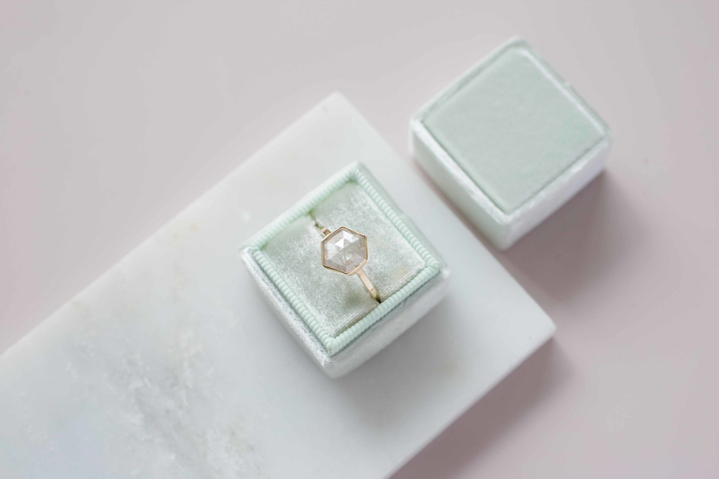 2.11 ctw Silvery White Hexagon Diamond Solitaire Ring | Geometric Engagement Ring | 14k Recycled Gold | One of a Kind