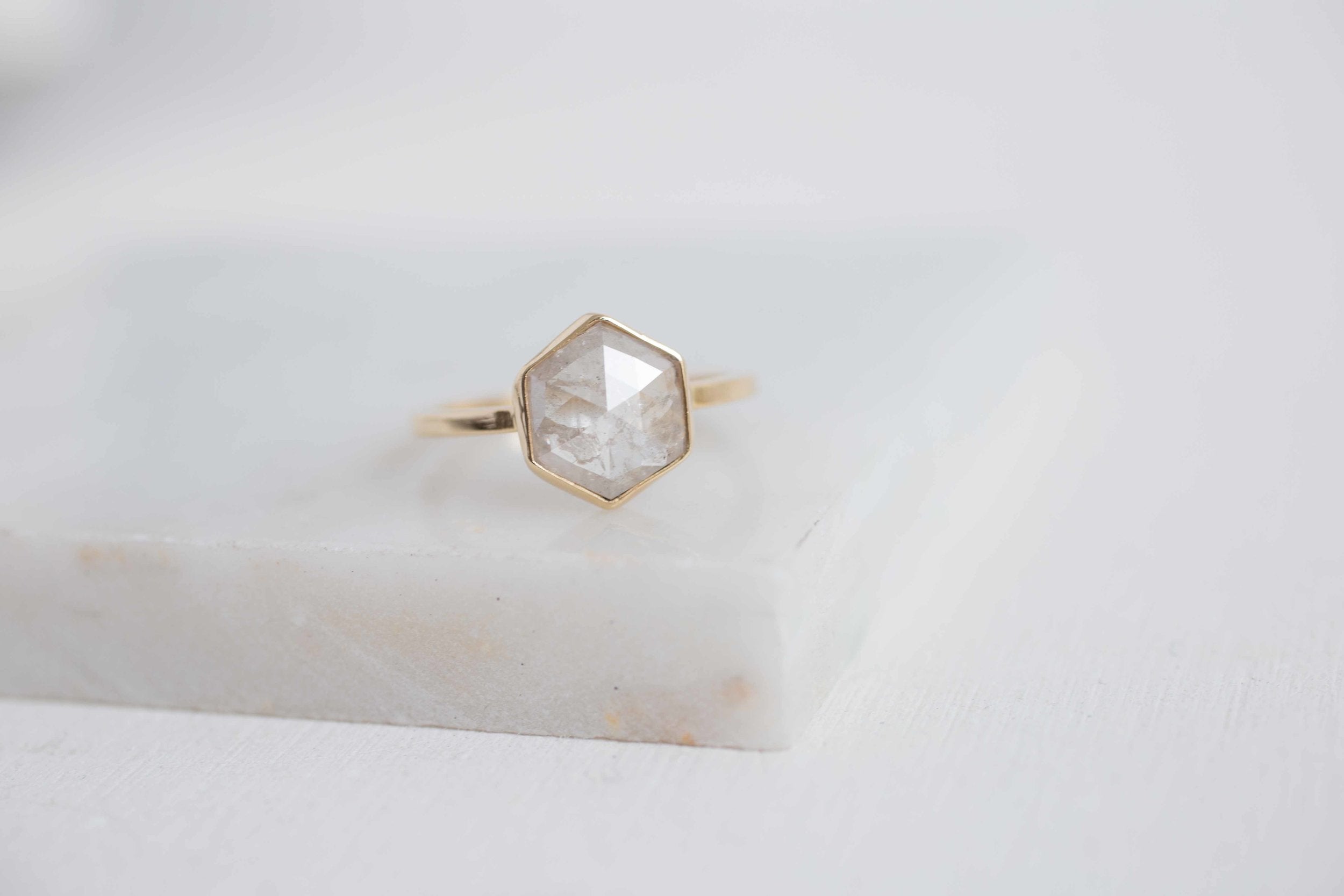 2.11 ctw Silvery White Hexagon Diamond Solitaire Ring | Geometric Engagement Ring | 14k Recycled Gold | One of a Kind