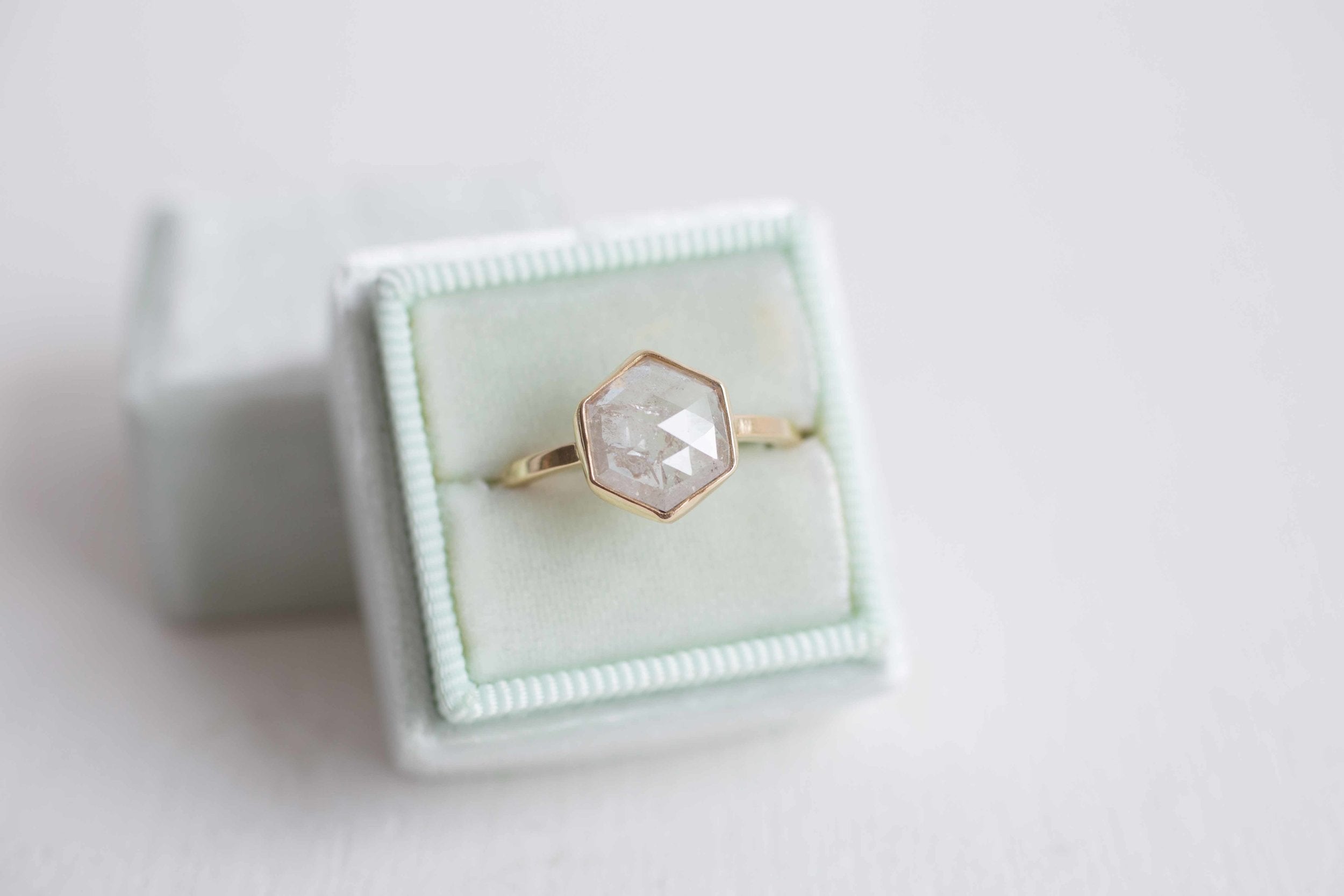 2.11 ctw Silvery White Hexagon Diamond Solitaire Ring | Geometric Engagement Ring | 14k Recycled Gold | One of a Kind
