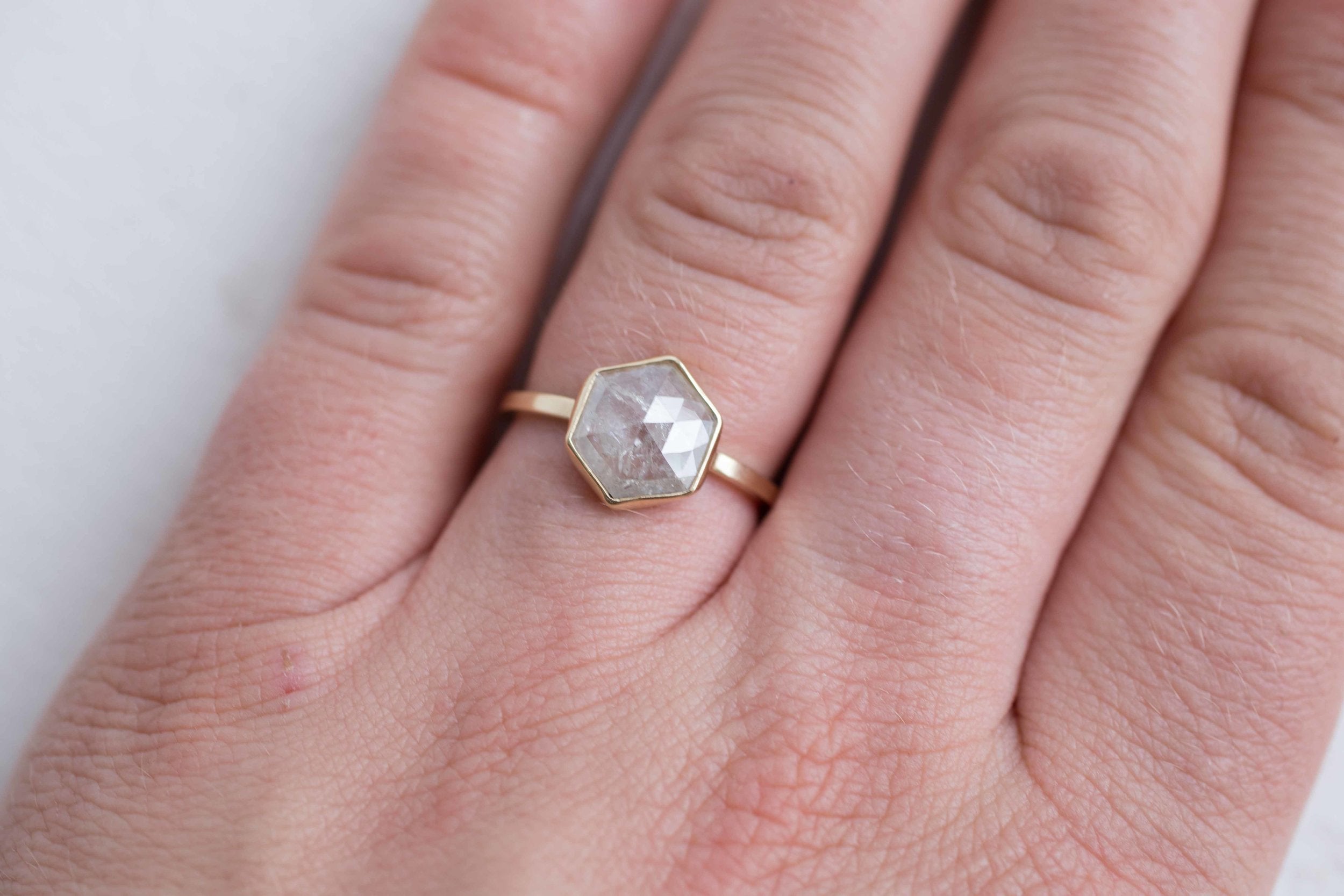 2.11 ctw Silvery White Hexagon Diamond Solitaire Ring | Geometric Engagement Ring | 14k Recycled Gold | One of a Kind