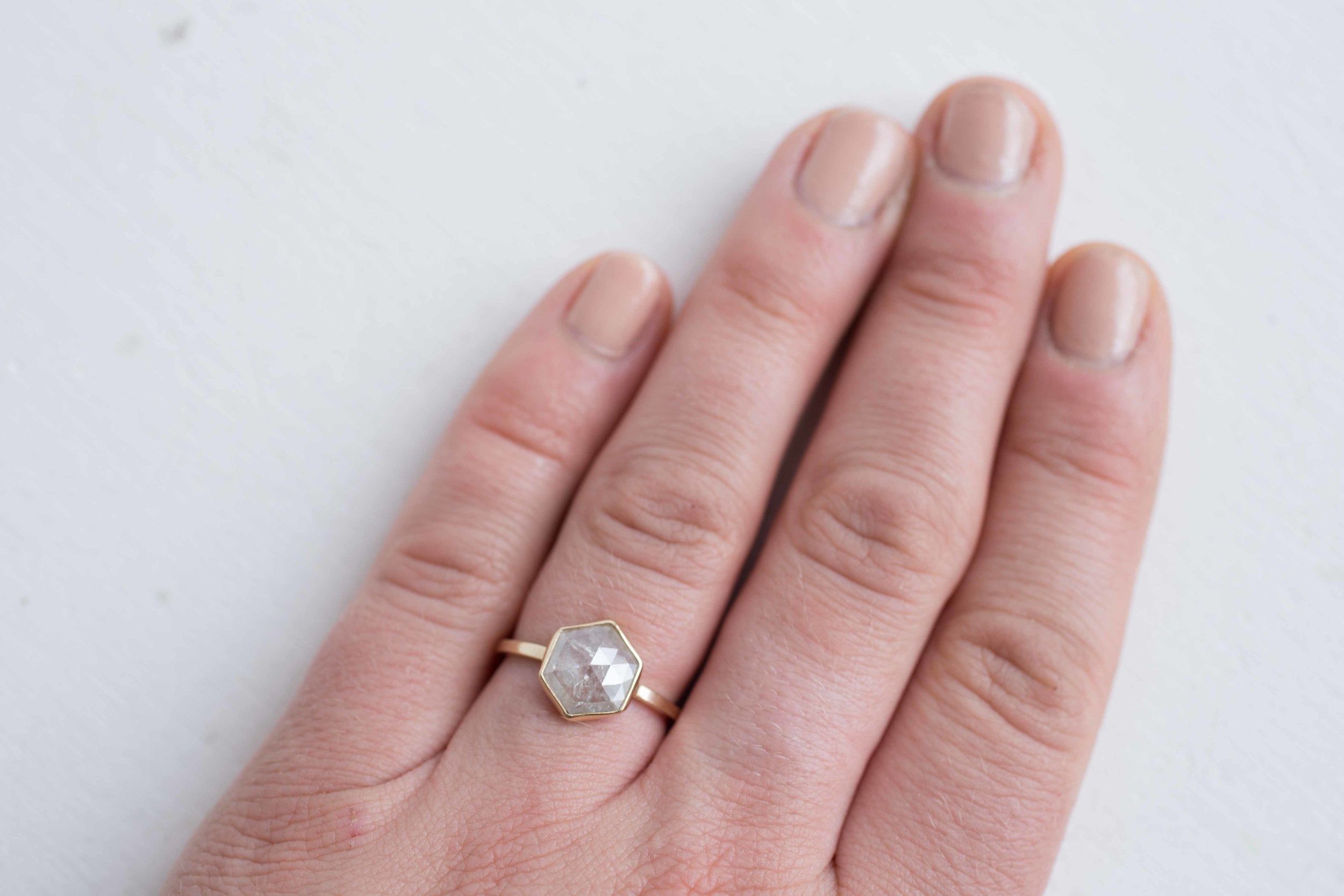 2.11 ctw Silvery White Hexagon Diamond Solitaire Ring | Geometric Engagement Ring | 14k Recycled Gold | One of a Kind