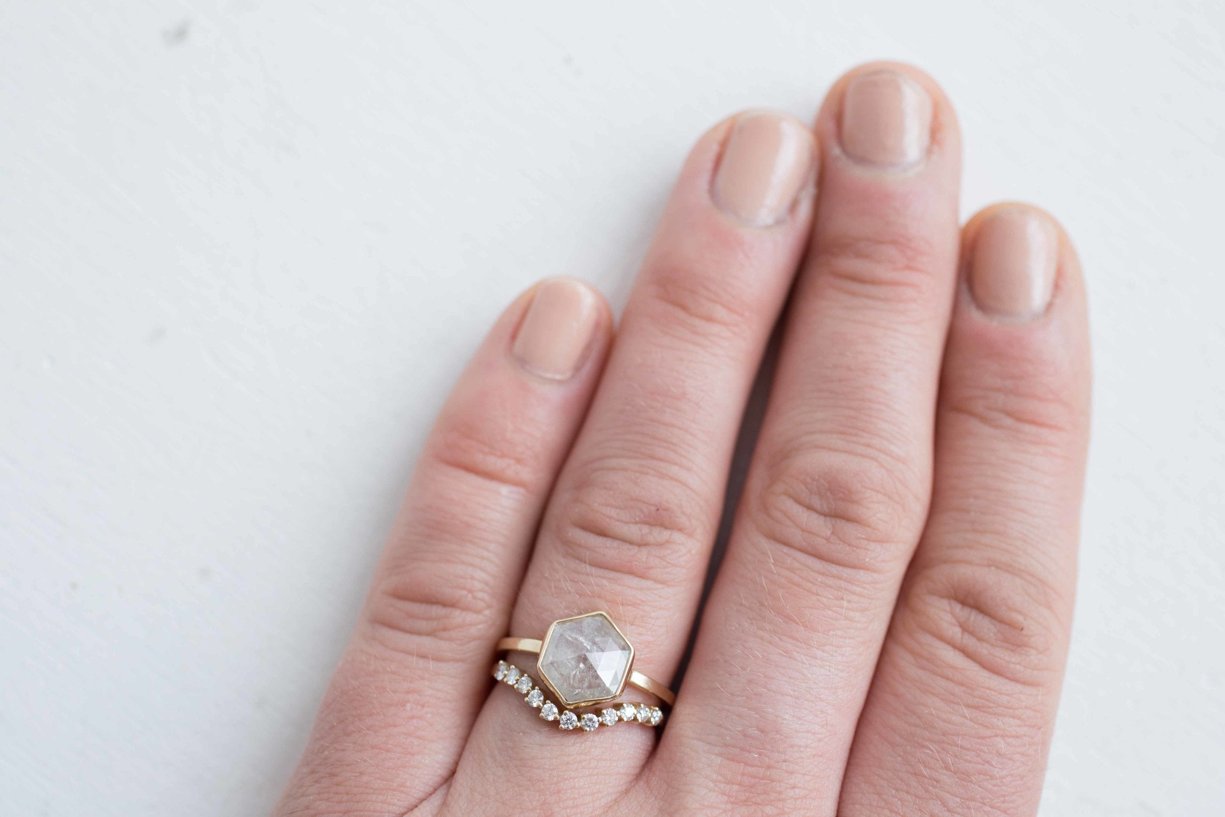 2.11 ctw Silvery White Hexagon Diamond Solitaire Ring | Geometric Engagement Ring | 14k Recycled Gold | One of a Kind