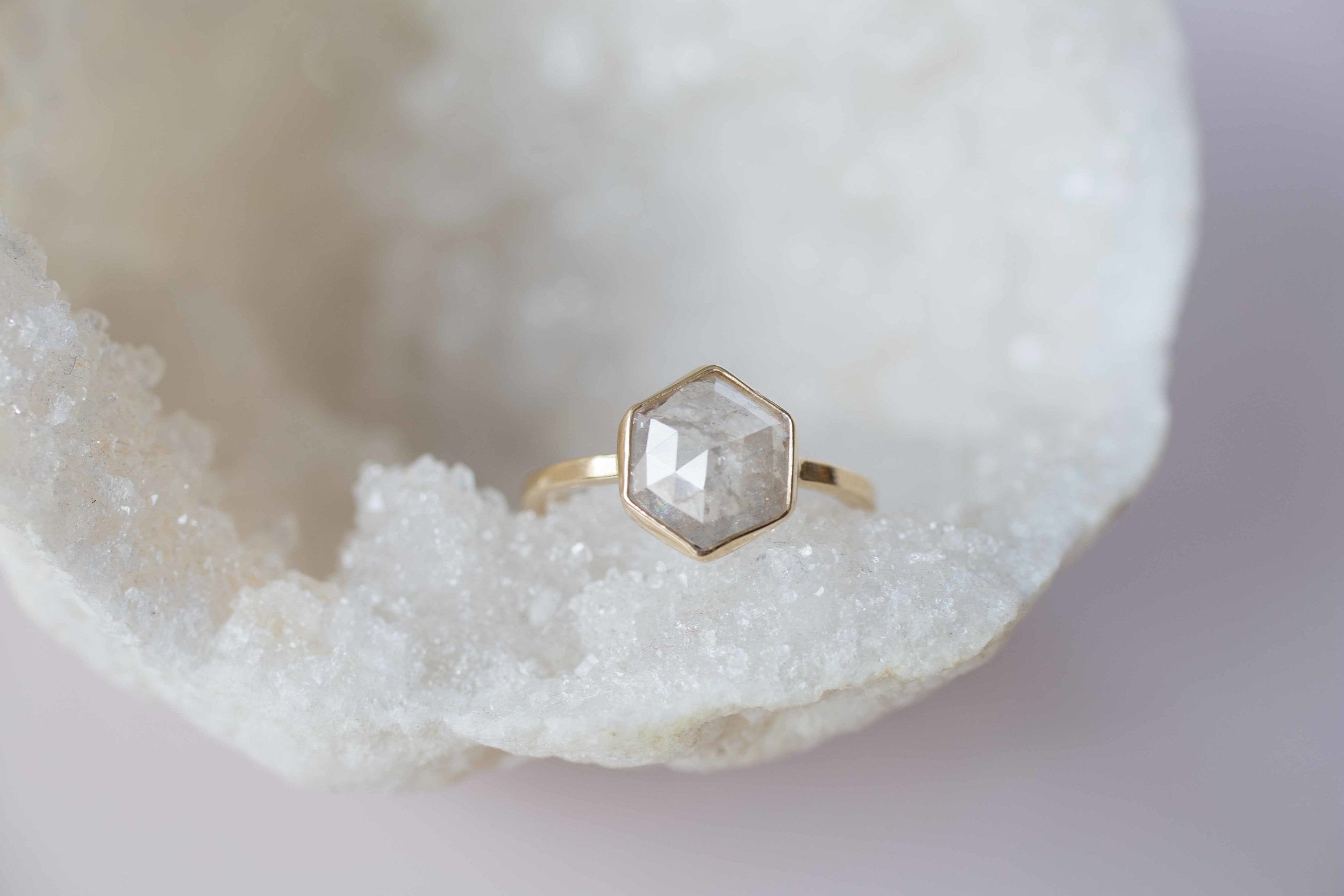 2.11 ctw Silvery White Hexagon Diamond Solitaire Ring | Geometric Engagement Ring | 14k Recycled Gold | One of a Kind