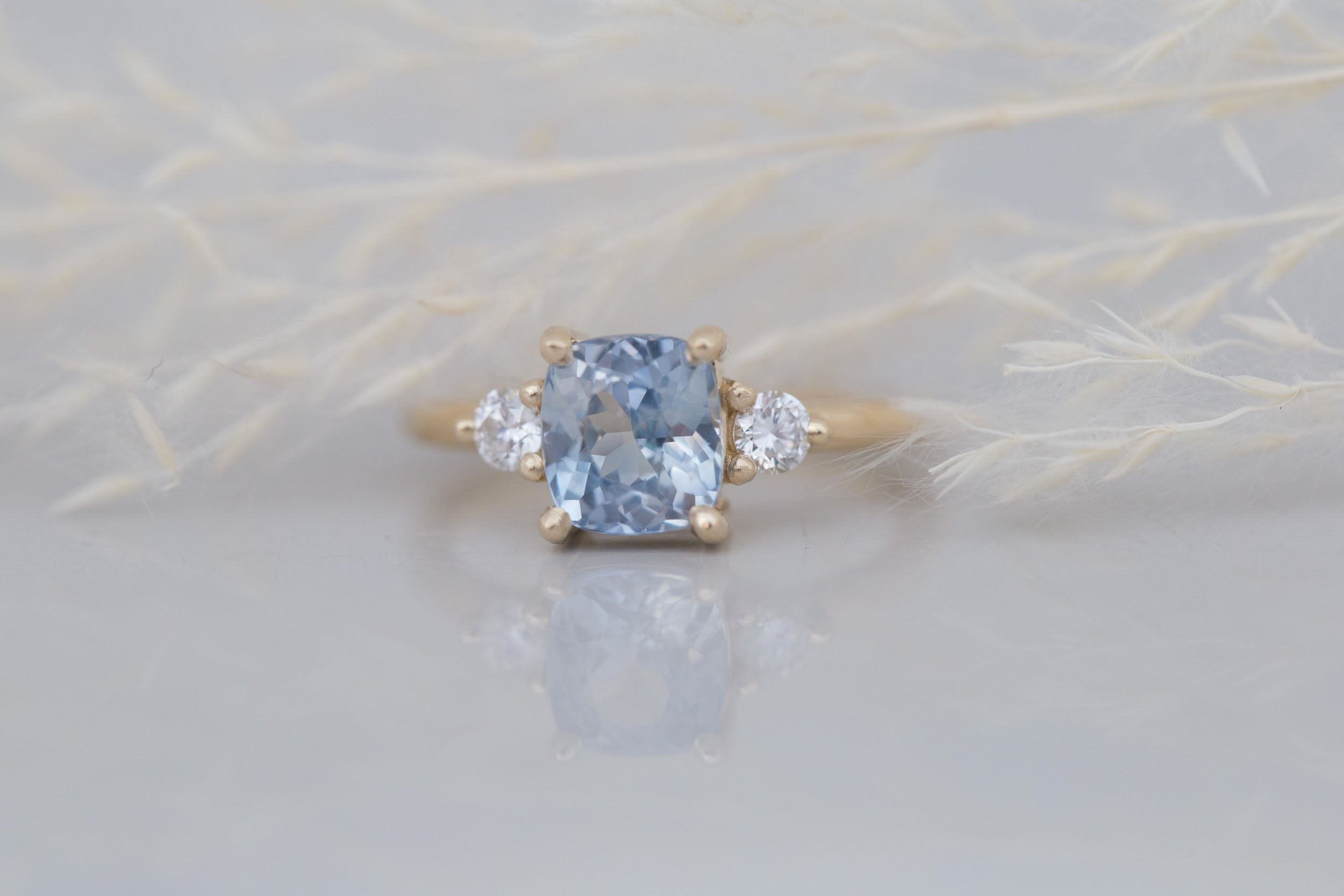 Maeve Ring | Bicolor Cushion Sapphire + Round Diamond Accent Engagement Ring 2.21 ct | 14k Recycled Gold | One of a Kind