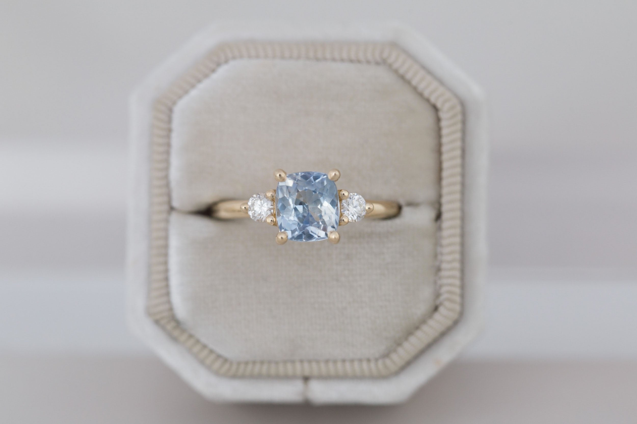 Maeve Ring | Bicolor Cushion Sapphire + Round Diamond Accent Engagement Ring 2.21 ct | 14k Recycled Gold | One of a Kind