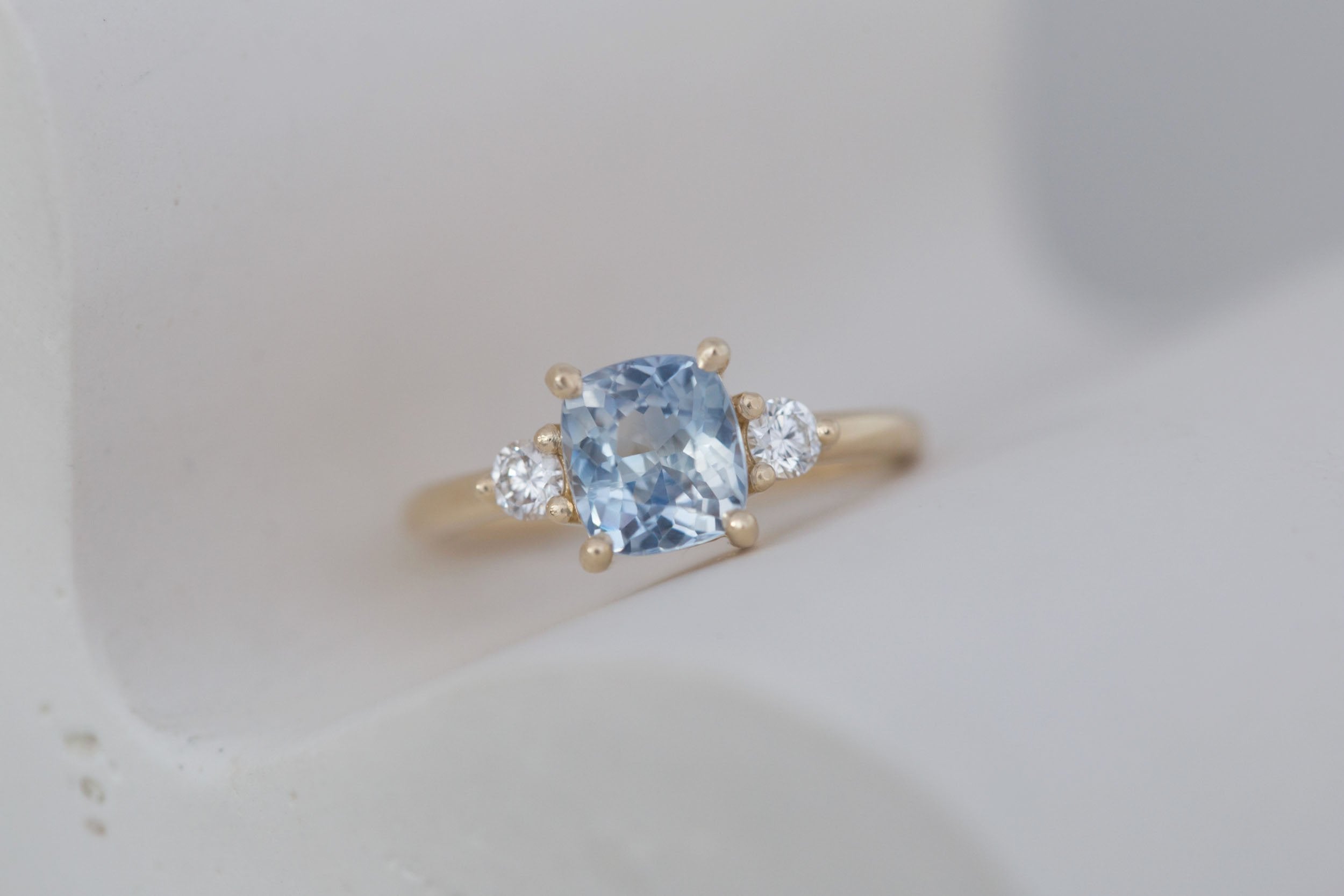 Maeve Ring | Bicolor Cushion Sapphire + Round Diamond Accent Engagement Ring 2.21 ct | 14k Recycled Gold | One of a Kind