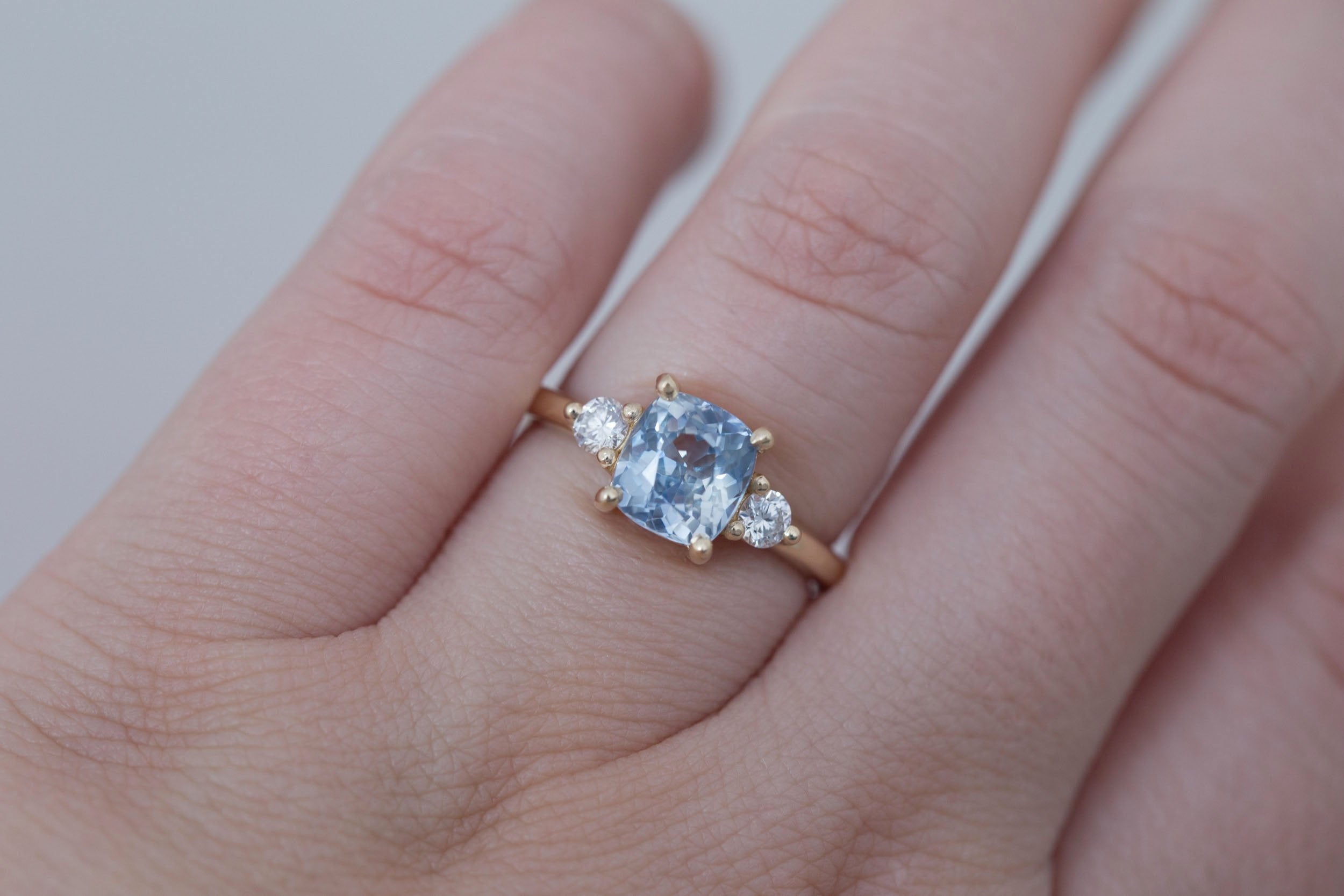 Maeve Ring | Bicolor Cushion Sapphire + Round Diamond Accent Engagement Ring 2.21 ct | 14k Recycled Gold | One of a Kind