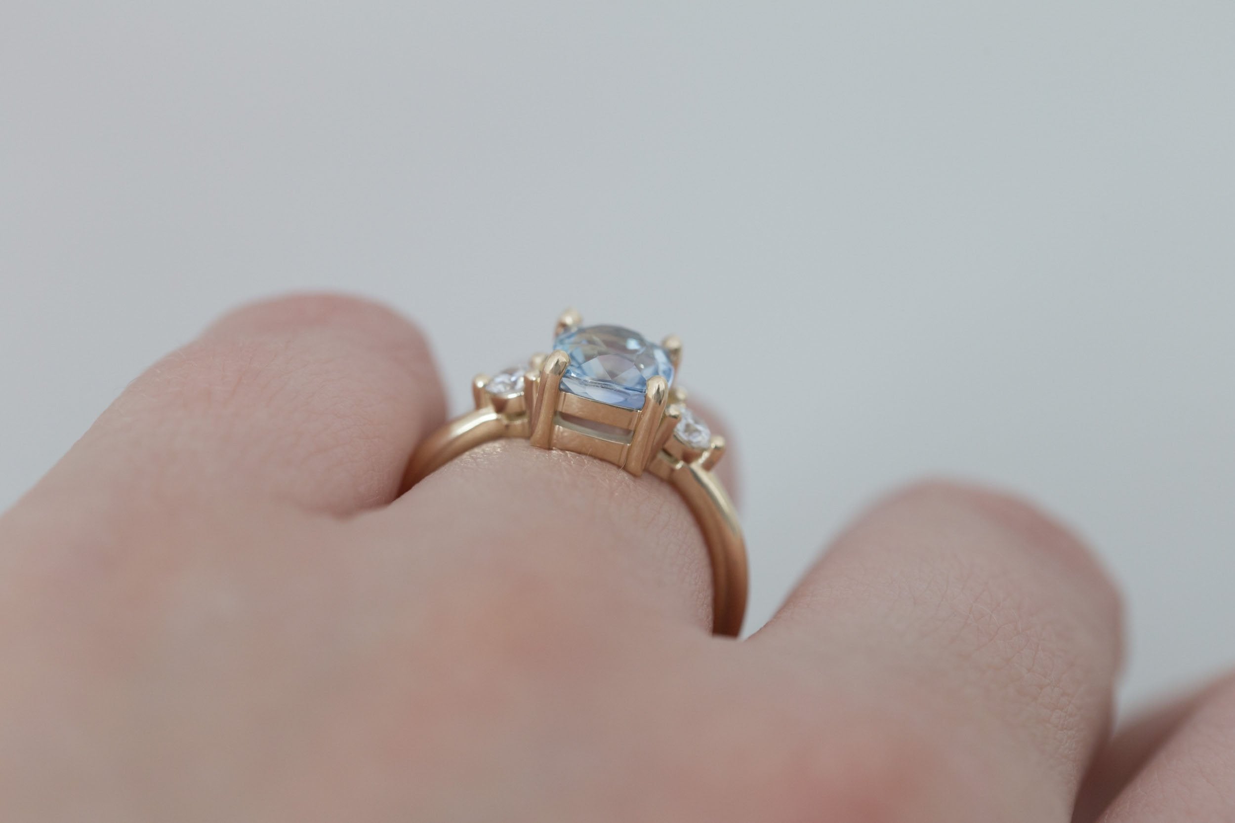 Maeve Ring | Bicolor Cushion Sapphire + Round Diamond Accent Engagement Ring 2.21 ct | 14k Recycled Gold | One of a Kind