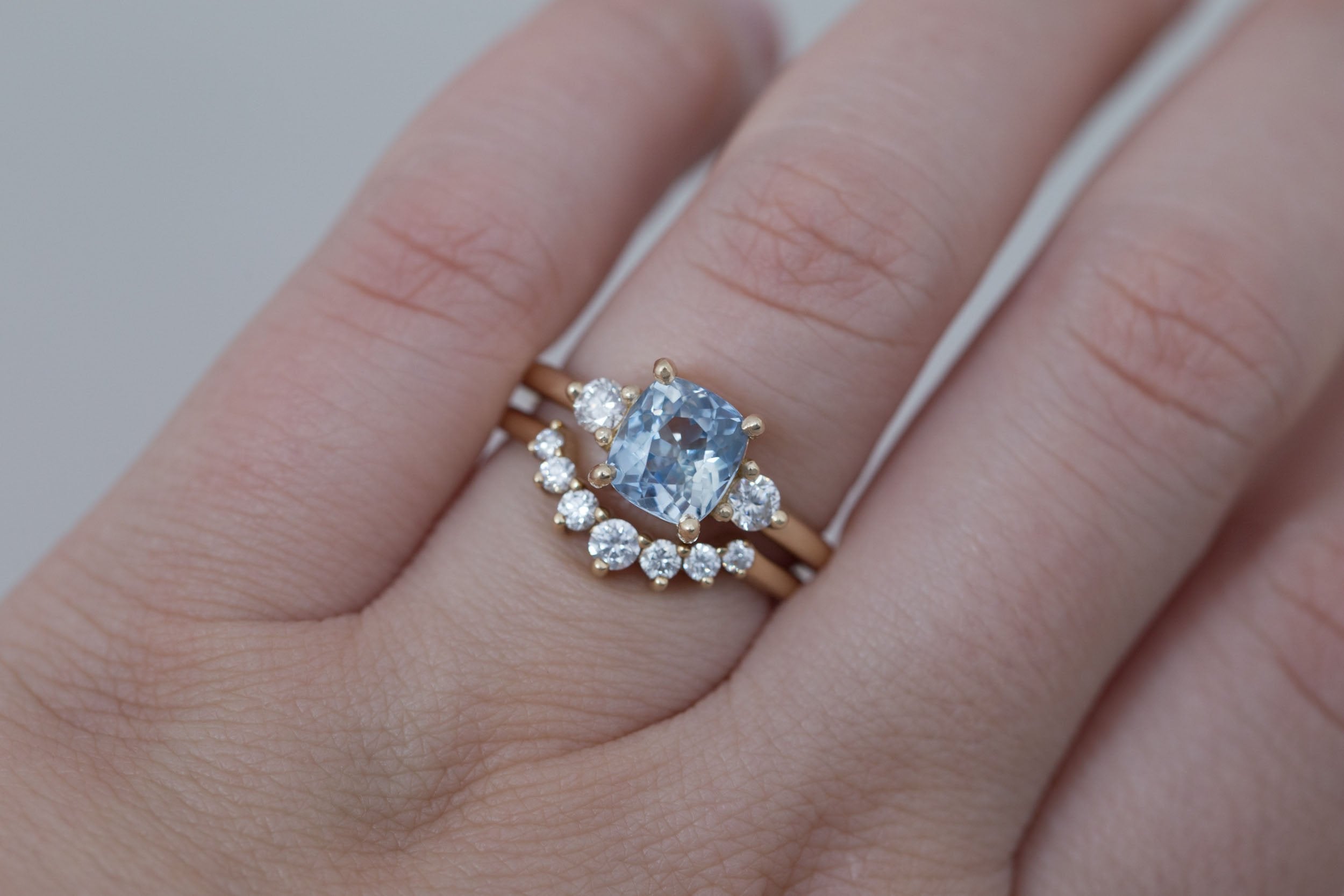 Maeve Ring | Bicolor Cushion Sapphire + Round Diamond Accent Engagement Ring 2.21 ct | 14k Recycled Gold | One of a Kind
