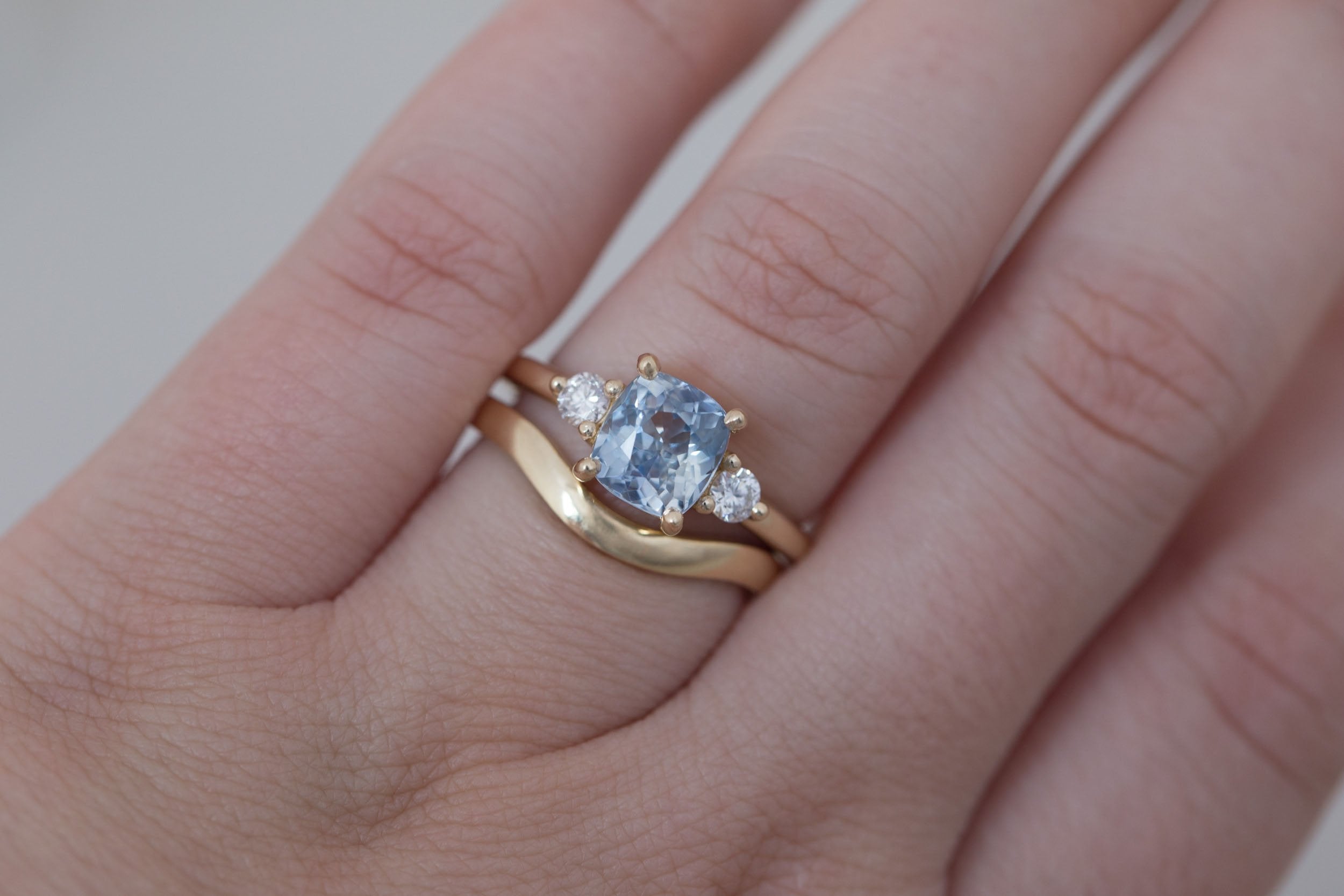 Maeve Ring | Bicolor Cushion Sapphire + Round Diamond Accent Engagement Ring 2.21 ct | 14k Recycled Gold | One of a Kind
