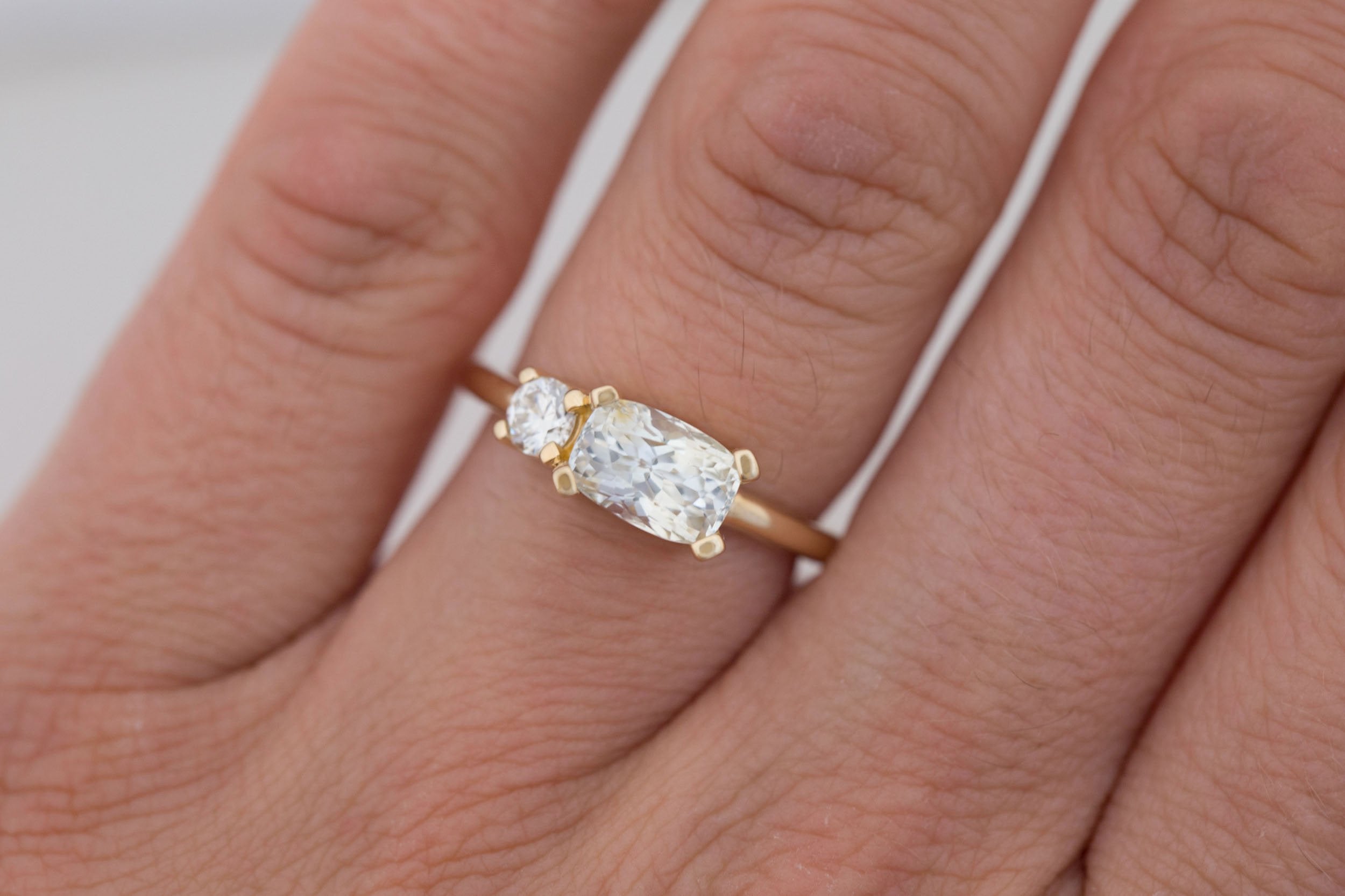 Liana Ring | Elongated Cushion Cut White Sapphire 2.12 ct + Old European Cut Diamond Engagement Ring | 14k Recycled Gold | One of a Kind