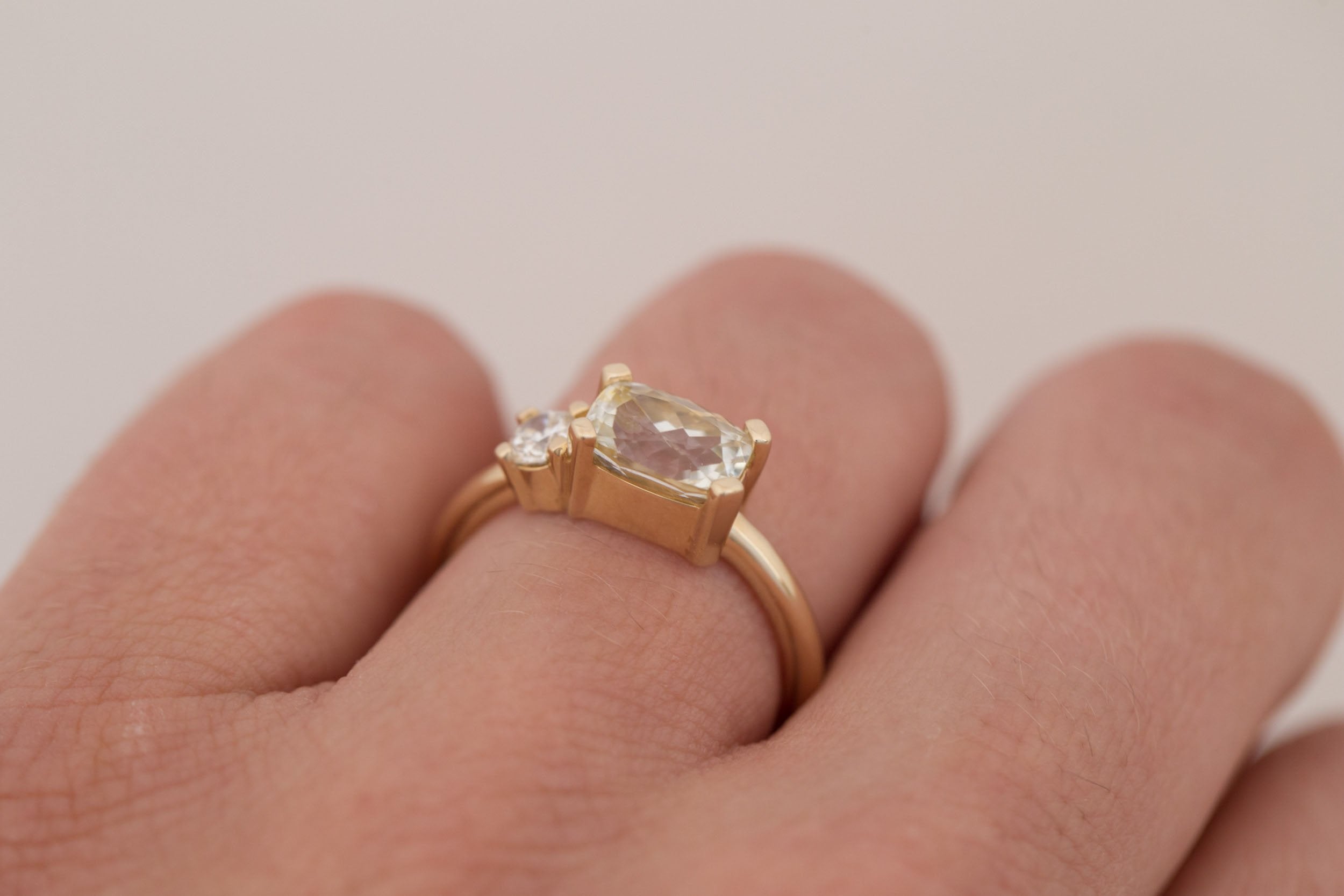 Liana Ring | Elongated Cushion Cut White Sapphire 2.12 ct + Old European Cut Diamond Engagement Ring | 14k Recycled Gold | One of a Kind