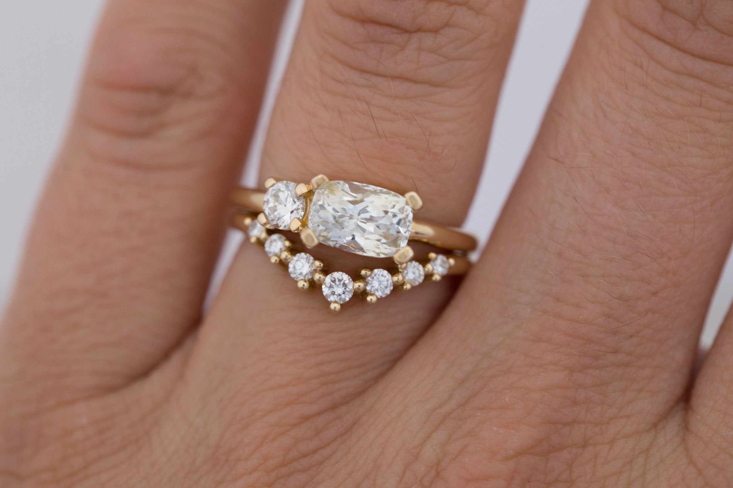 Liana Ring | Elongated Cushion Cut White Sapphire 2.12 ct + Old European Cut Diamond Engagement Ring | 14k Recycled Gold | One of a Kind