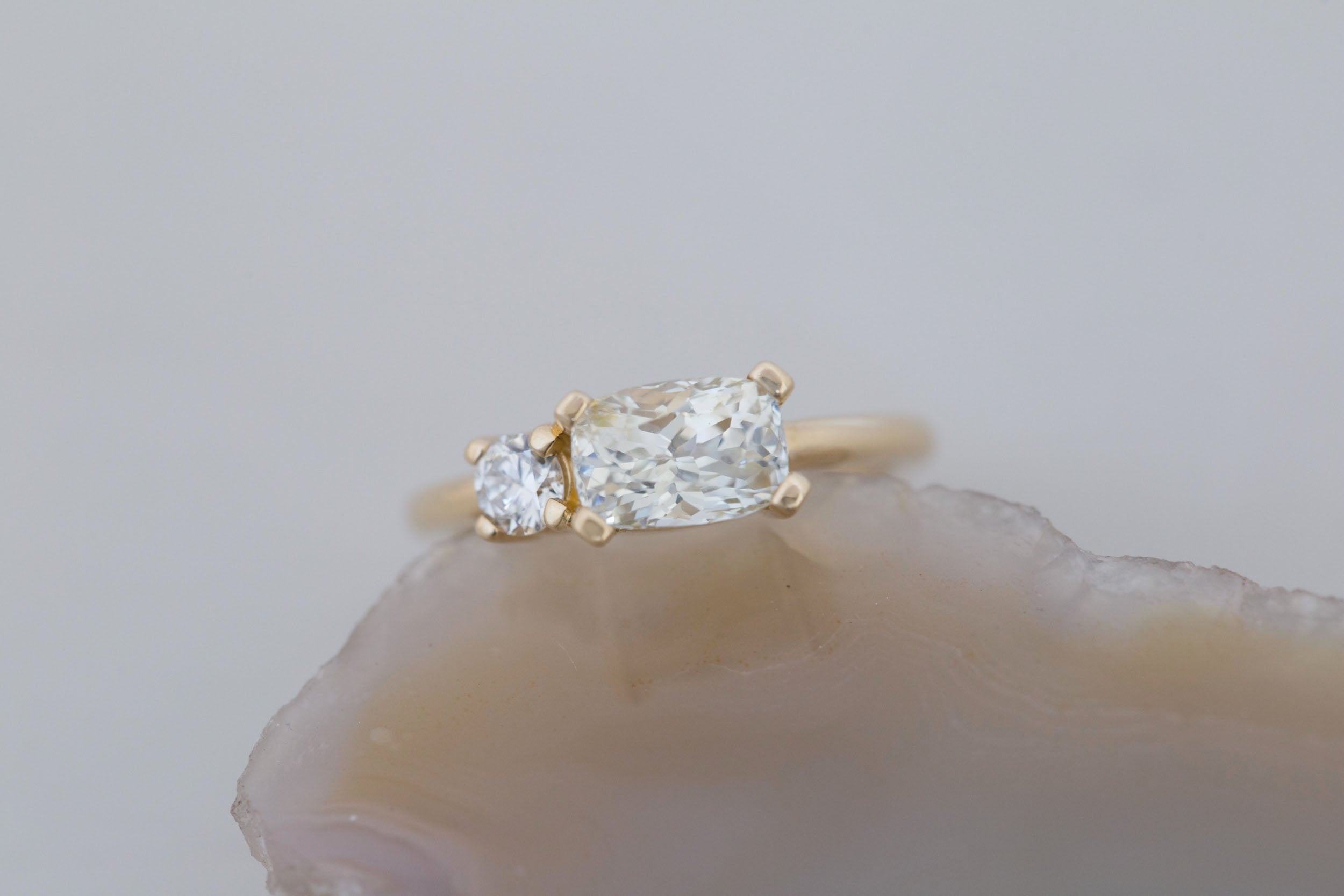 Liana Ring | Elongated Cushion Cut White Sapphire 2.12 ct + Old European Cut Diamond Engagement Ring | 14k Recycled Gold | One of a Kind