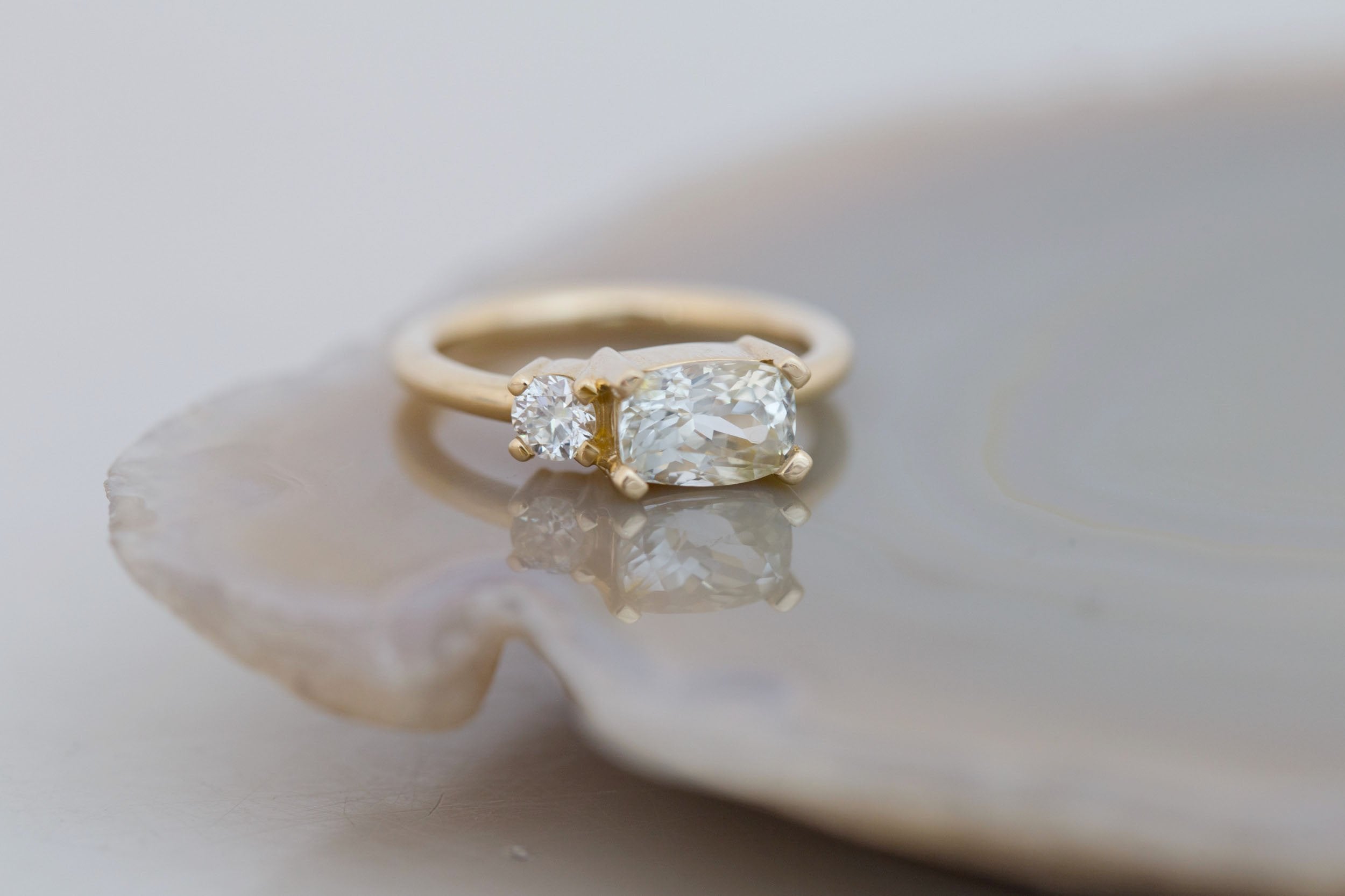 Liana Ring | Elongated Cushion Cut White Sapphire 2.12 ct + Old European Cut Diamond Engagement Ring | 14k Recycled Gold | One of a Kind