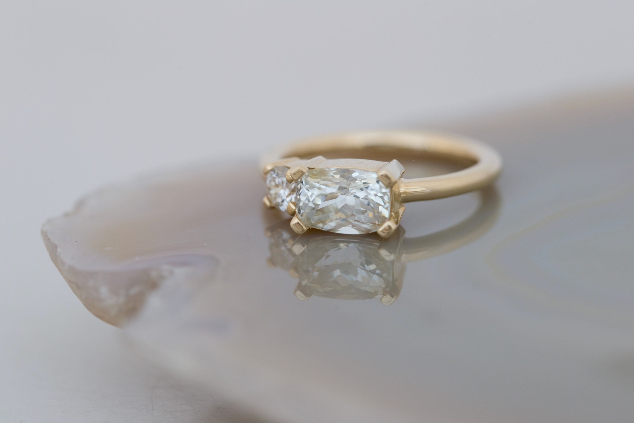 Liana Ring | Elongated Cushion Cut White Sapphire 2.12 ct + Old European Cut Diamond Engagement Ring | 14k Recycled Gold | One of a Kind