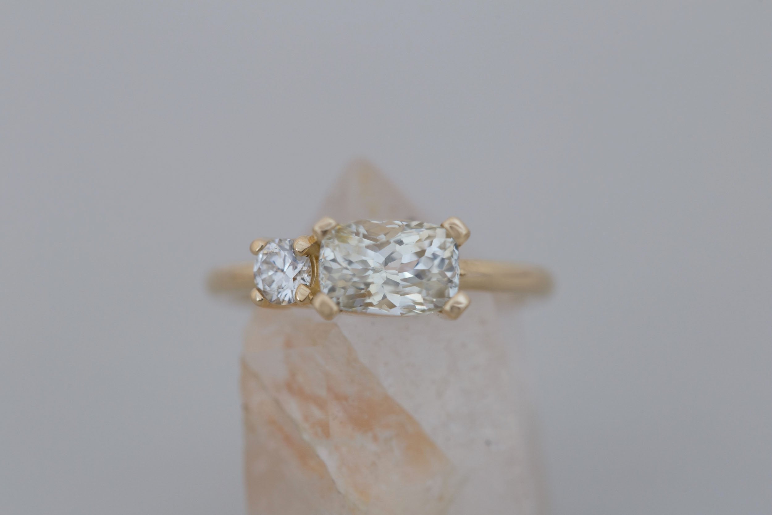 Liana Ring | Elongated Cushion Cut White Sapphire 2.12 ct + Old European Cut Diamond Engagement Ring | 14k Recycled Gold | One of a Kind
