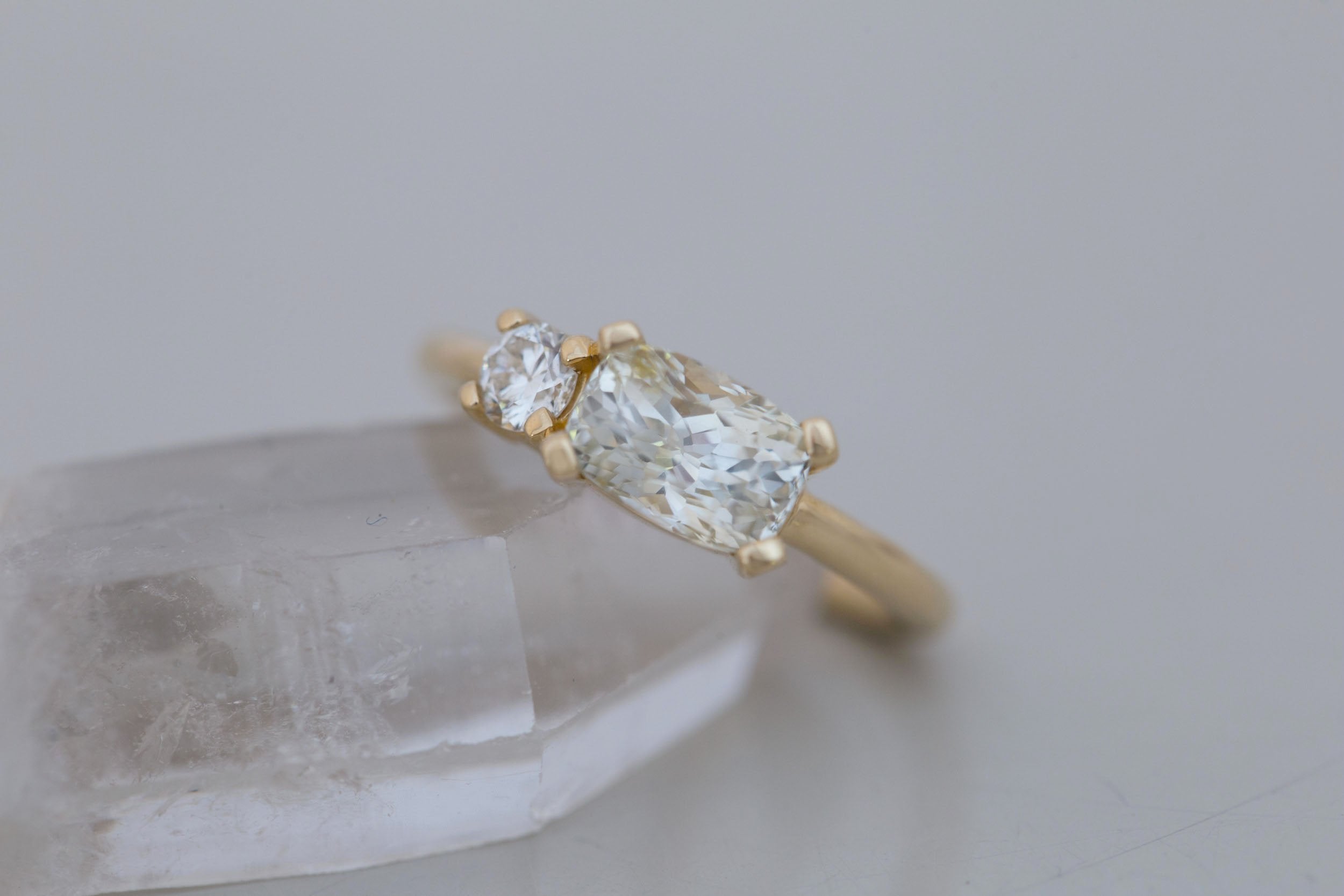 Liana Ring | Elongated Cushion Cut White Sapphire 2.12 ct + Old European Cut Diamond Engagement Ring | 14k Recycled Gold | One of a Kind