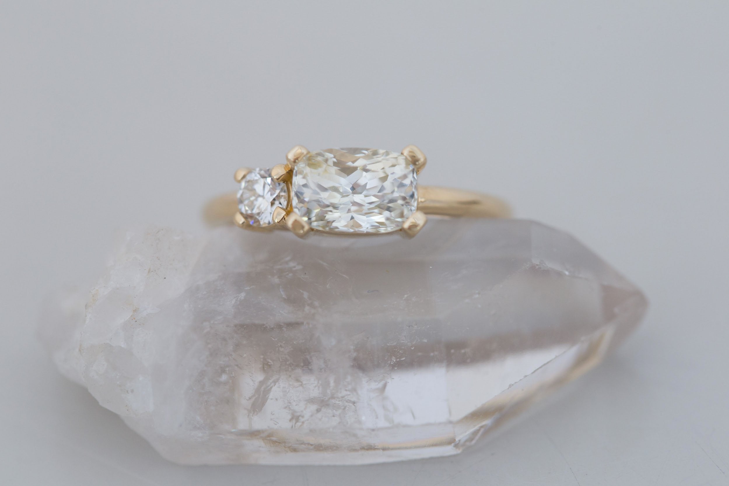 Liana Ring | Elongated Cushion Cut White Sapphire 2.12 ct + Old European Cut Diamond Engagement Ring | 14k Recycled Gold | One of a Kind
