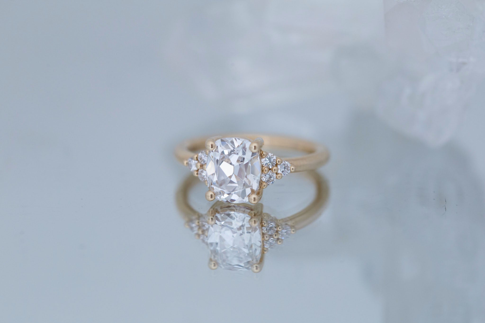 Verona Ring | Lab Antique Cushion Cut Diamond + Round Diamond Accents Engagement Ring 2.12 ct | 14k Recycled Gold | One of a Kind