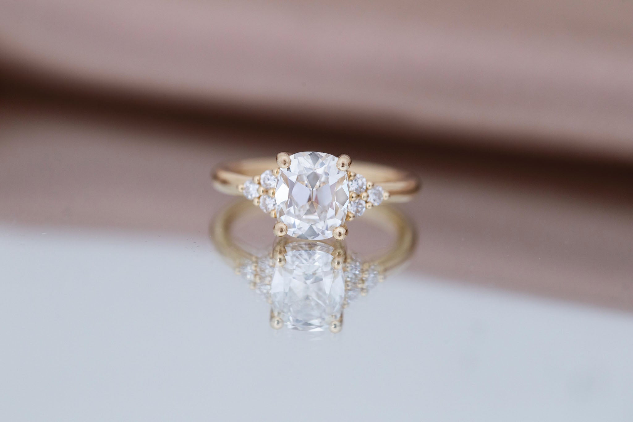 Verona Ring | Lab Antique Cushion Cut Diamond + Round Diamond Accents Engagement Ring 2.12 ct | 14k Recycled Gold | One of a Kind