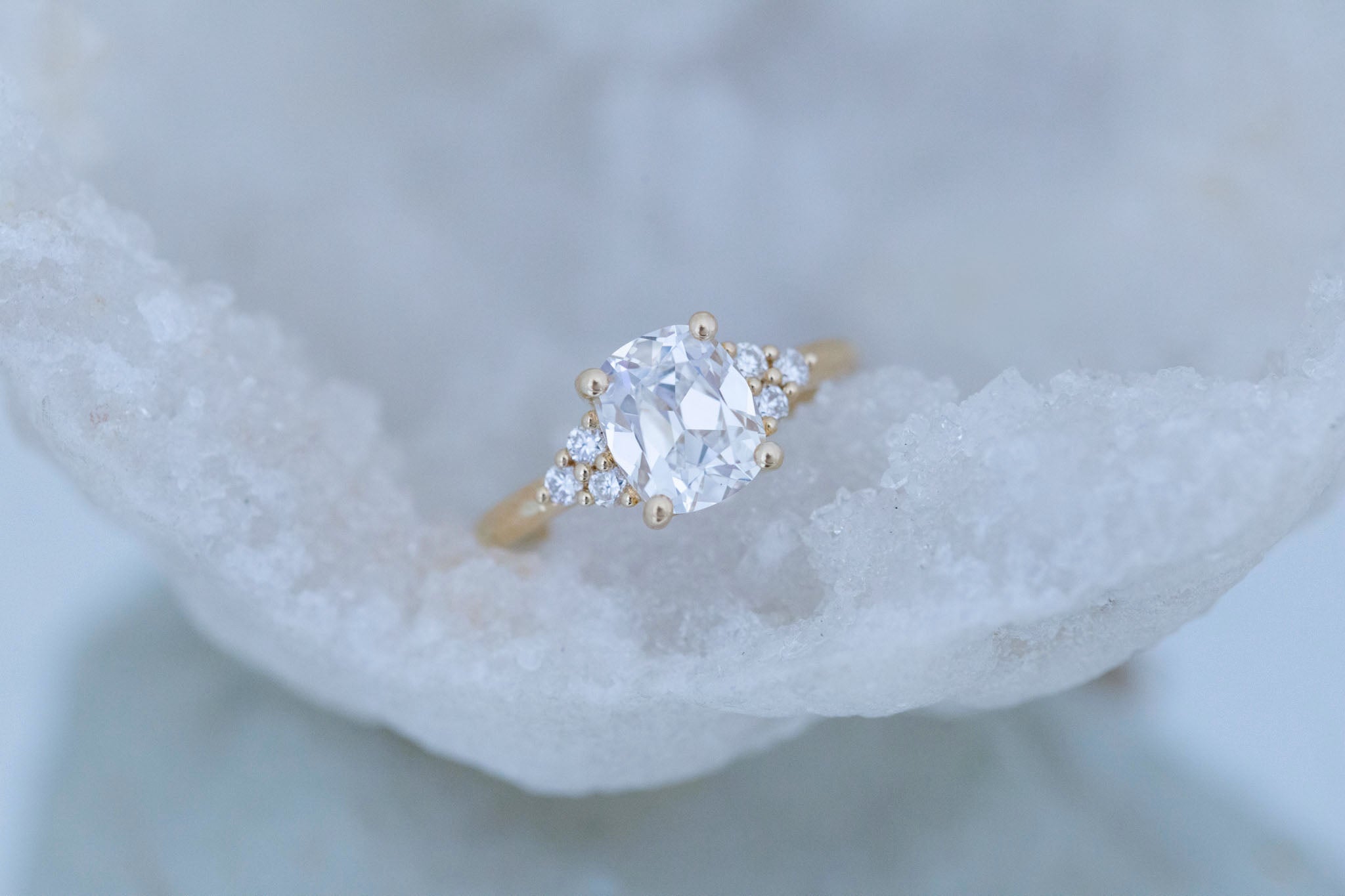 Verona Ring | Lab Antique Cushion Cut Diamond + Round Diamond Accents Engagement Ring 2.12 ct | 14k Recycled Gold | One of a Kind