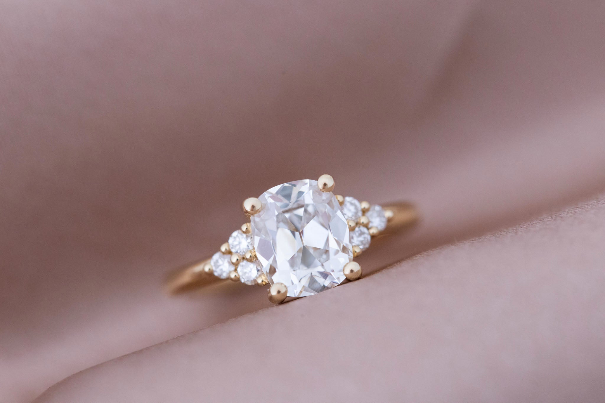 Verona Ring | Lab Antique Cushion Cut Diamond + Round Diamond Accents Engagement Ring 2.12 ct | 14k Recycled Gold | One of a Kind