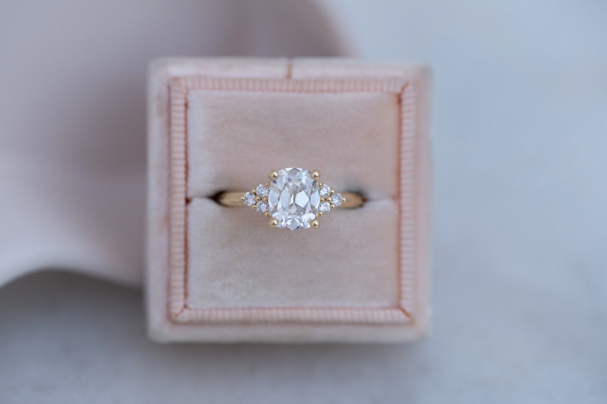 Verona Ring | Lab Antique Cushion Cut Diamond + Round Diamond Accents Engagement Ring 2.12 ct | 14k Recycled Gold | One of a Kind