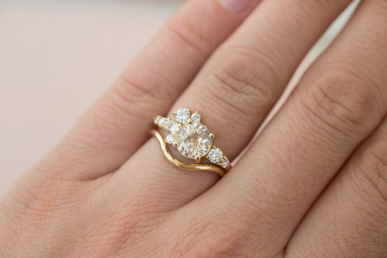 Ilia Ring | Apricot Round Sapphire + Diamond Cluster Engagement Ring | 14k Recycled Gold | One of a Kind